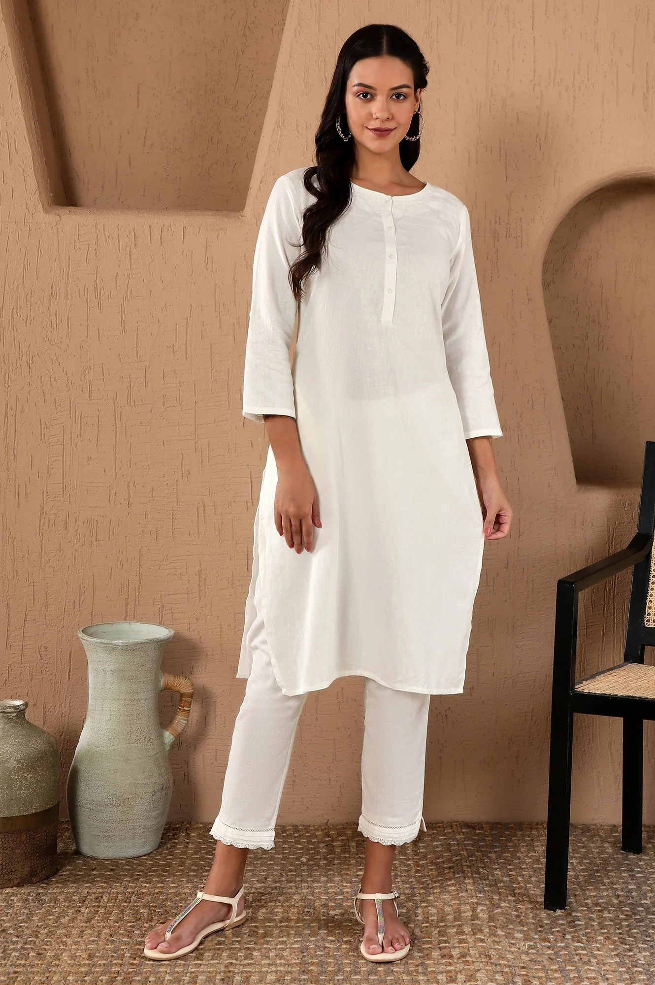 White Round neck Cotton Flax Straight Kurta - Image 2