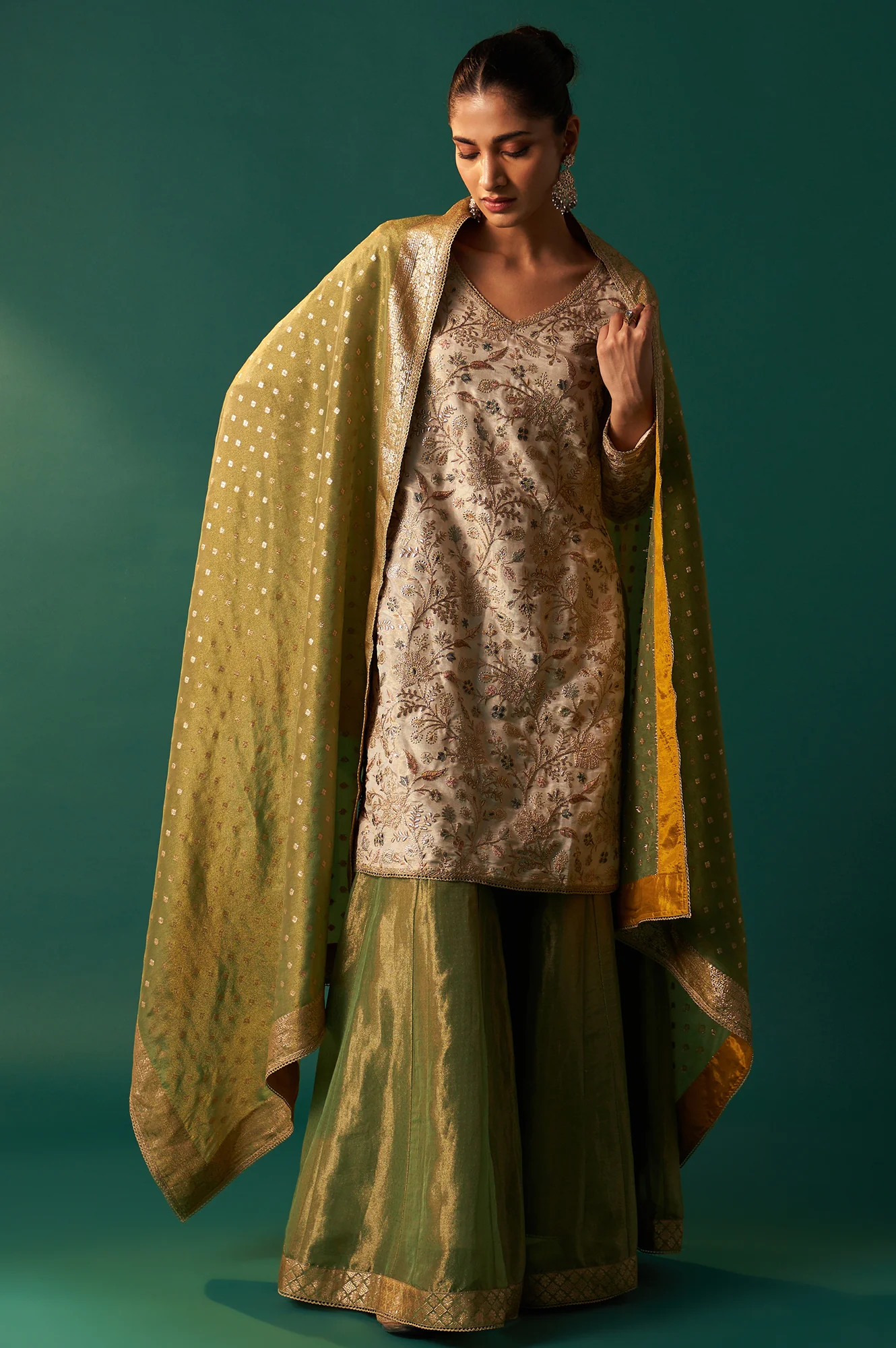 White Zari Embroidered Tissue Straight Kurta with Sharara and Dupatta Set - Image 2