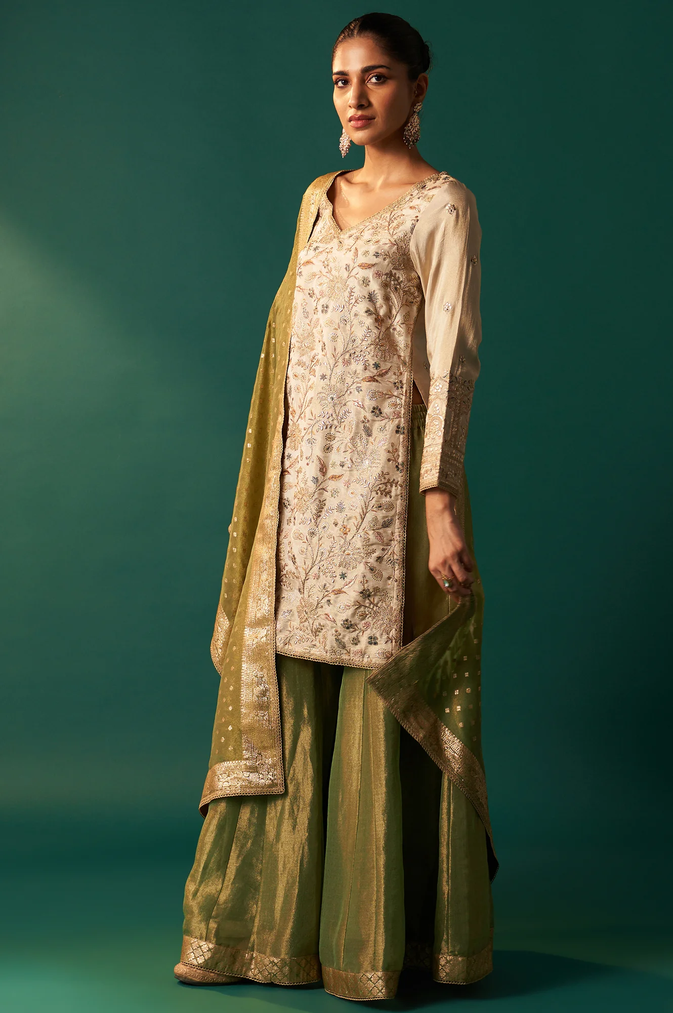 White Zari Embroidered Tissue Straight Kurta with Sharara and Dupatta Set - Image 4