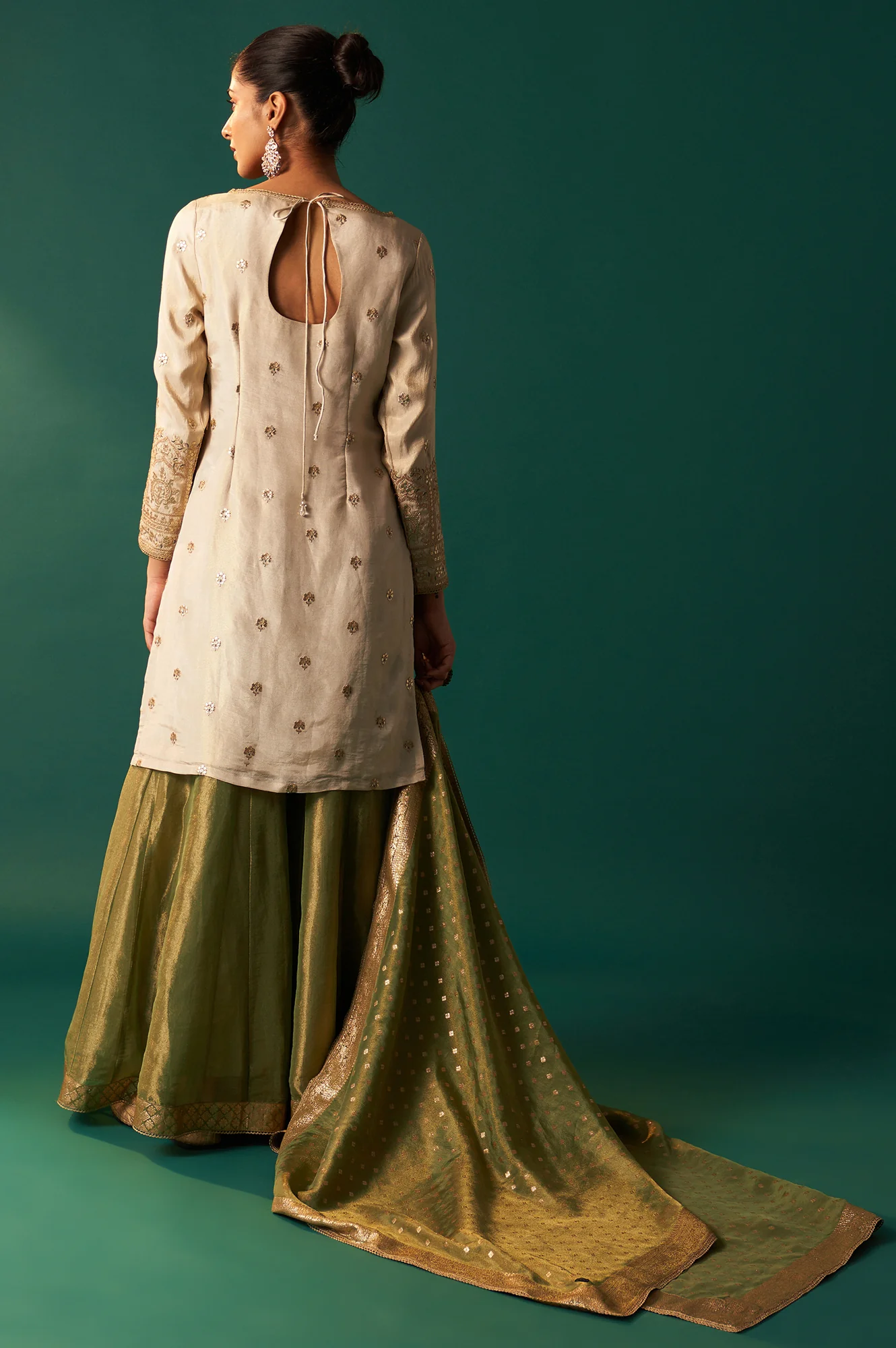 White Zari Embroidered Tissue Straight Kurta with Sharara and Dupatta Set - Image 5