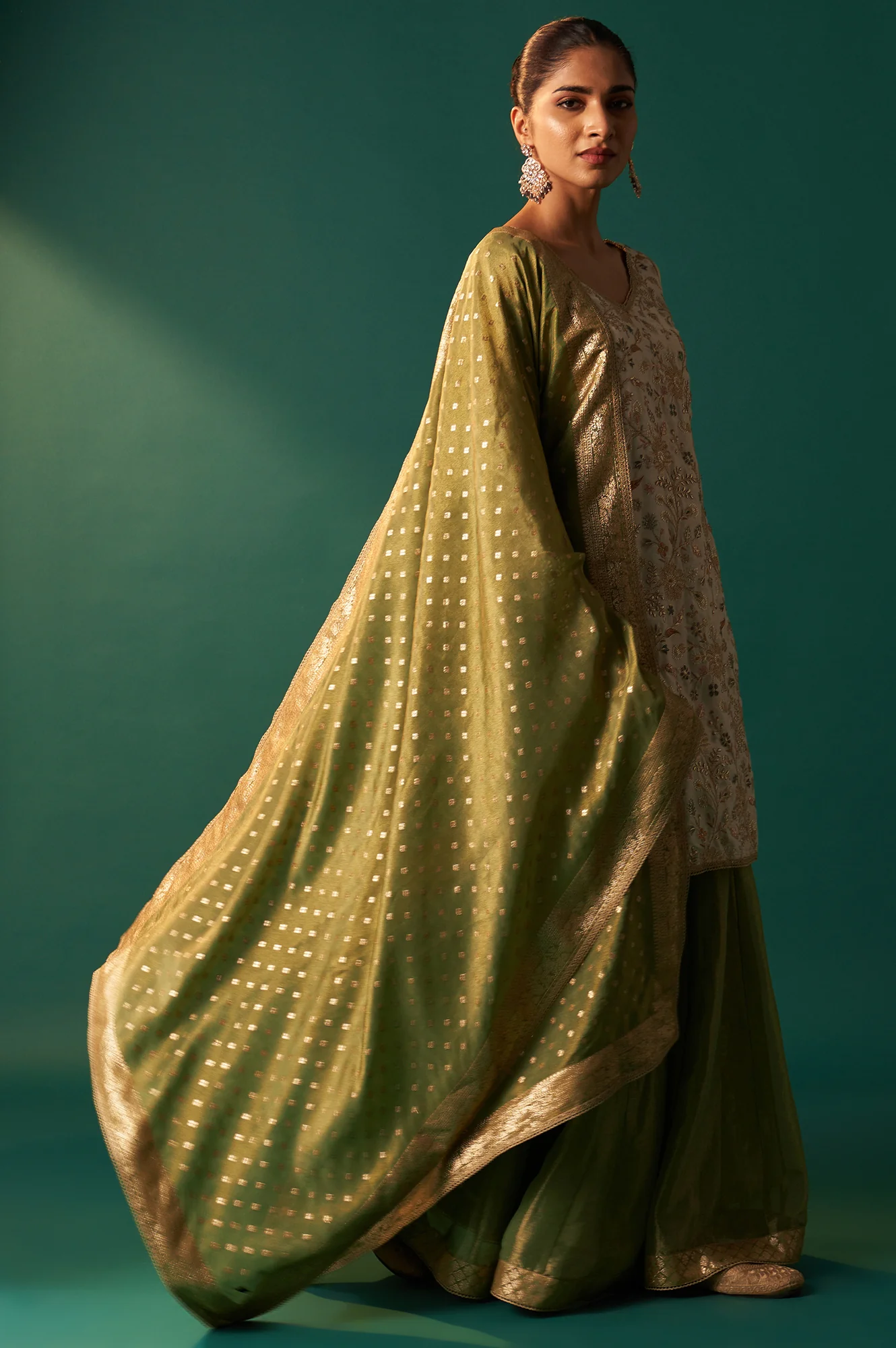 White Zari Embroidered Tissue Straight Kurta with Sharara and Dupatta Set - Image 6