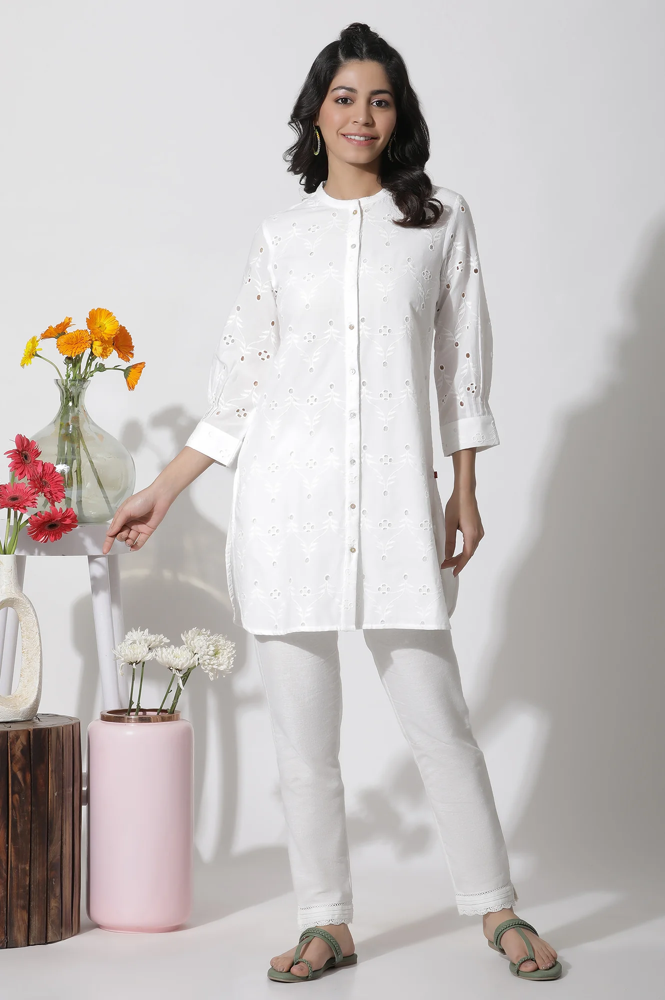 White Schiffli Cotton Short Kurta - Image 2