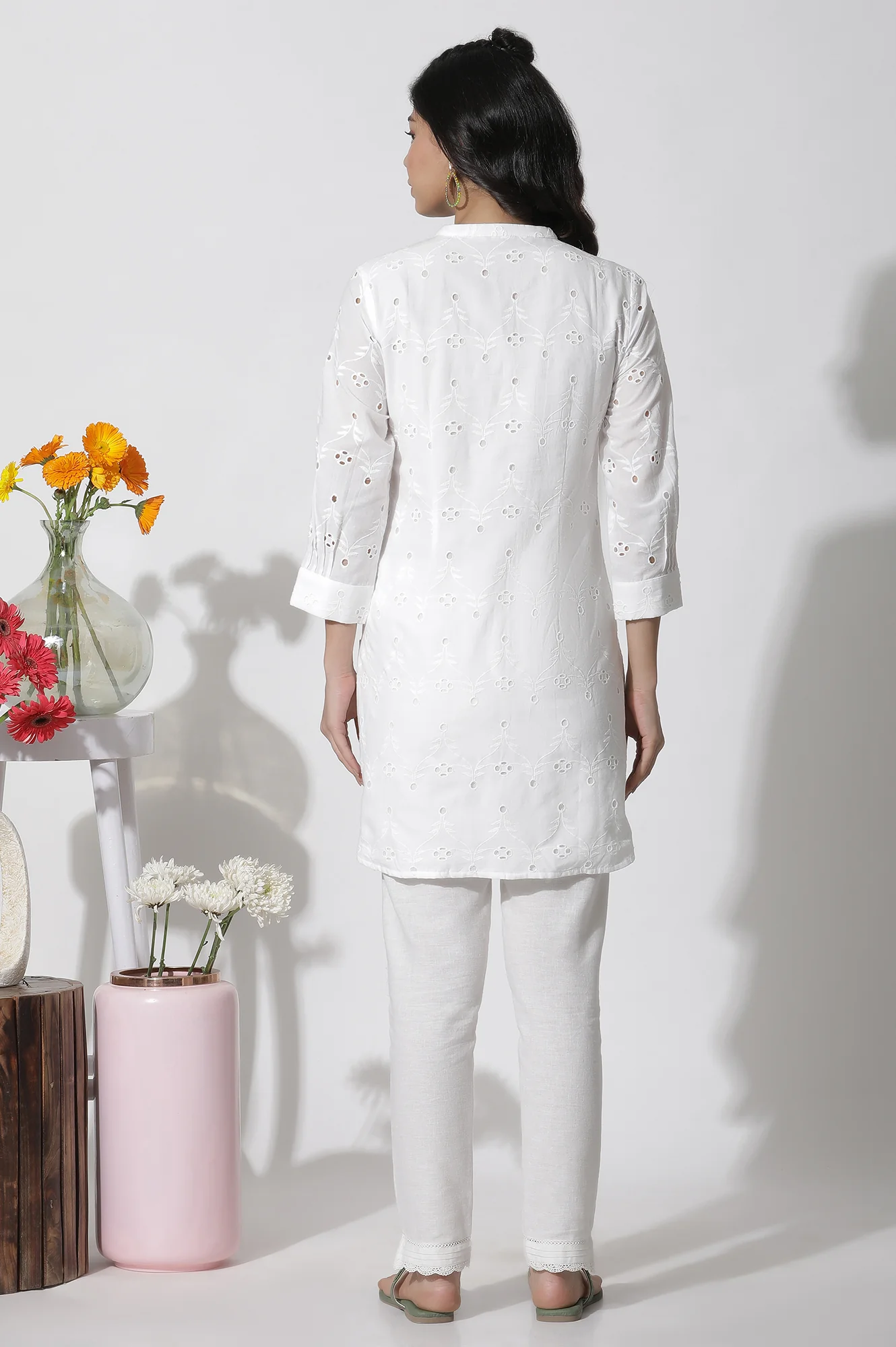 White Schiffli Cotton Short Kurta - Image 3