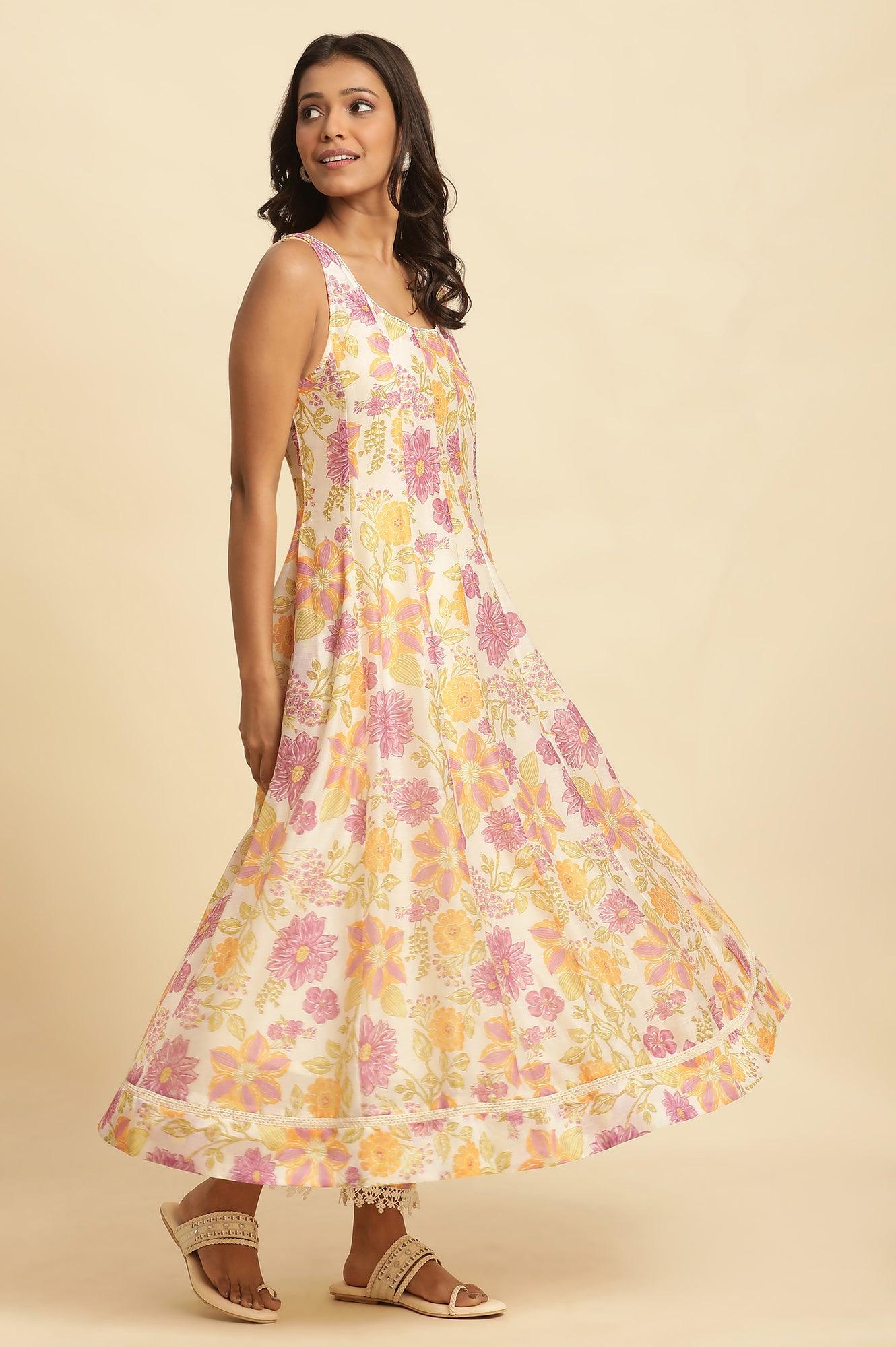 White Sleeveless Printed Flared Kurta, Pants And Dupatta Set - Image 3