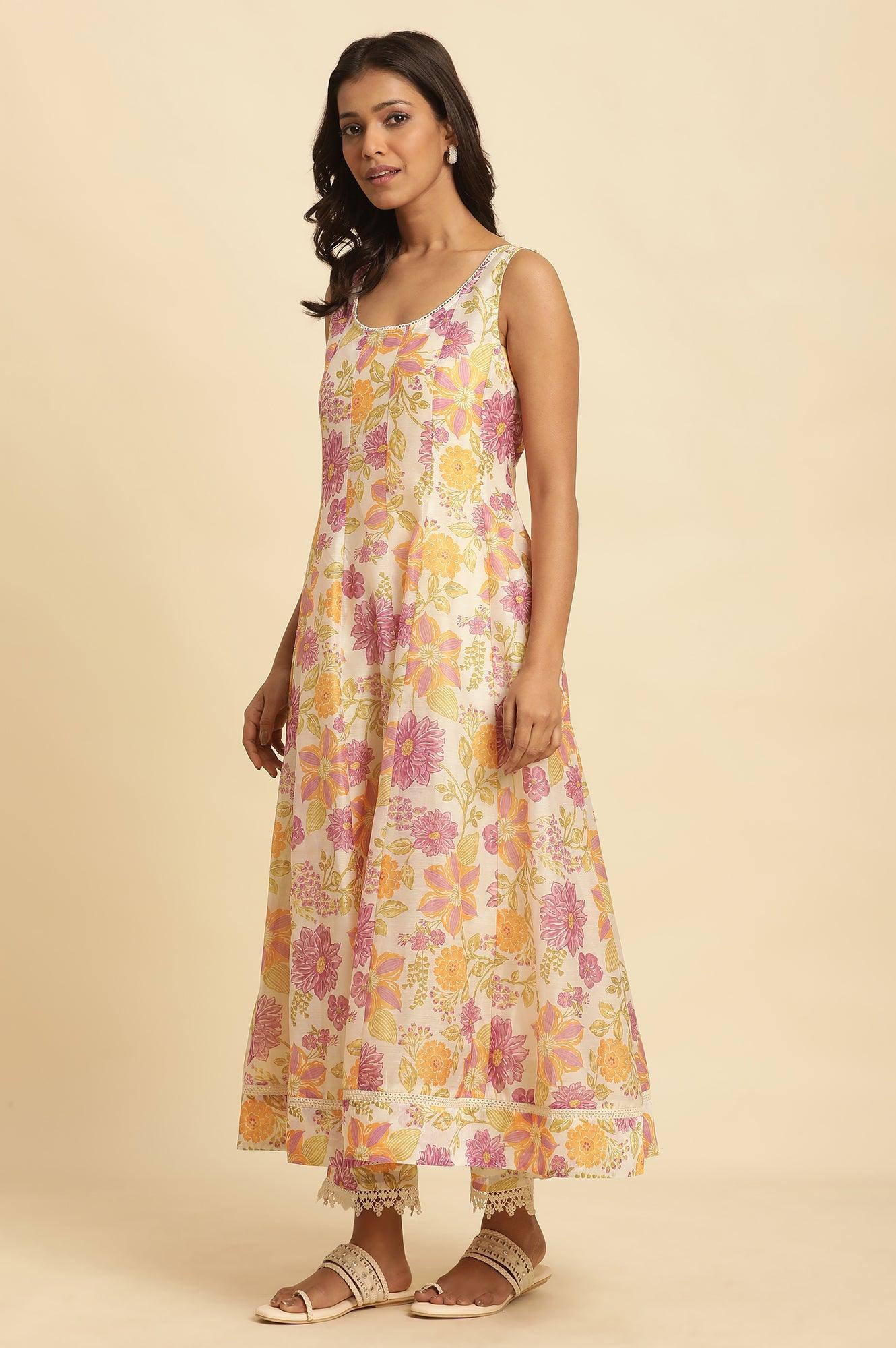 White Sleeveless Printed Flared Kurta, Pants And Dupatta Set - Image 5