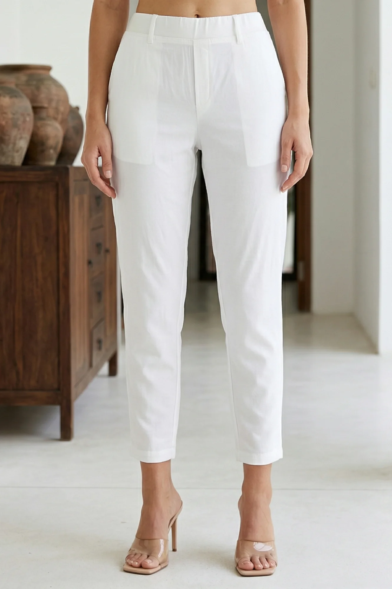 Elleven Women's White Solid Cotton Blend Tapered Fit Ankle Length Trousers