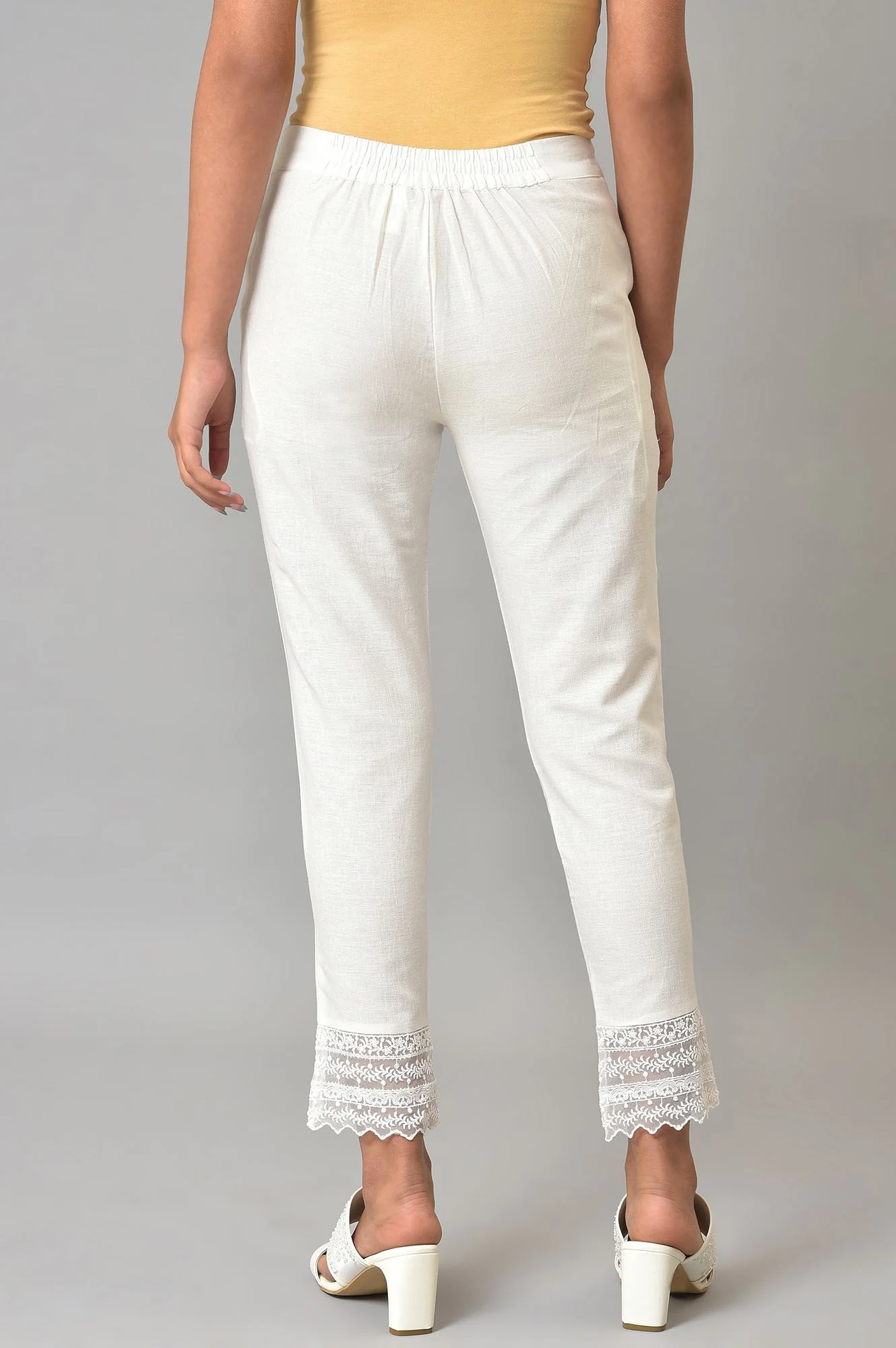 White Solid Cotton Flax Slim Pant with Embellished Hemline - Image 2