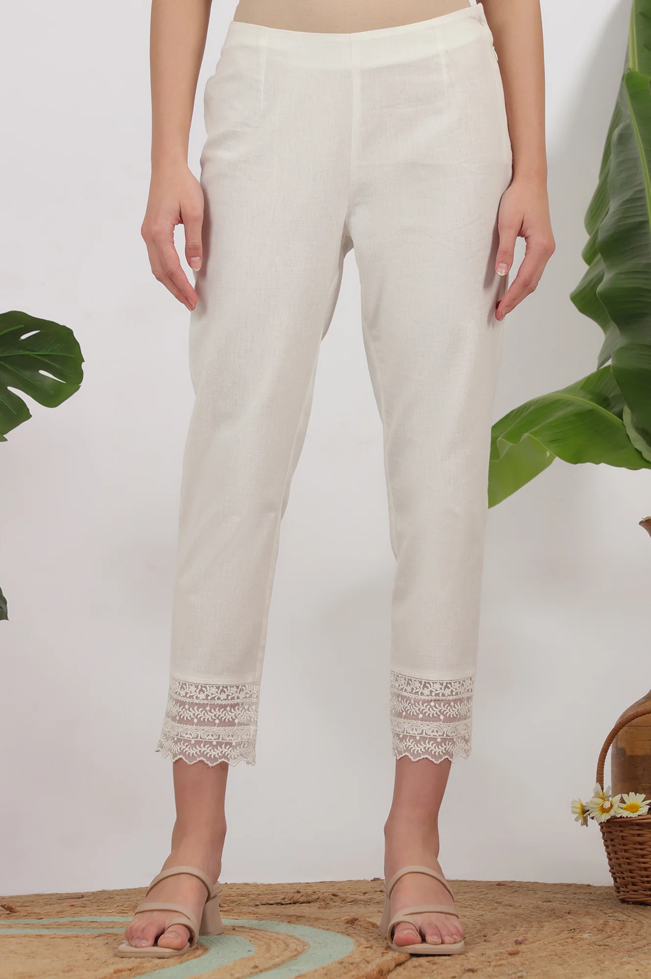 White Solid Cotton Flax Slim Pants with Lace - Image 2