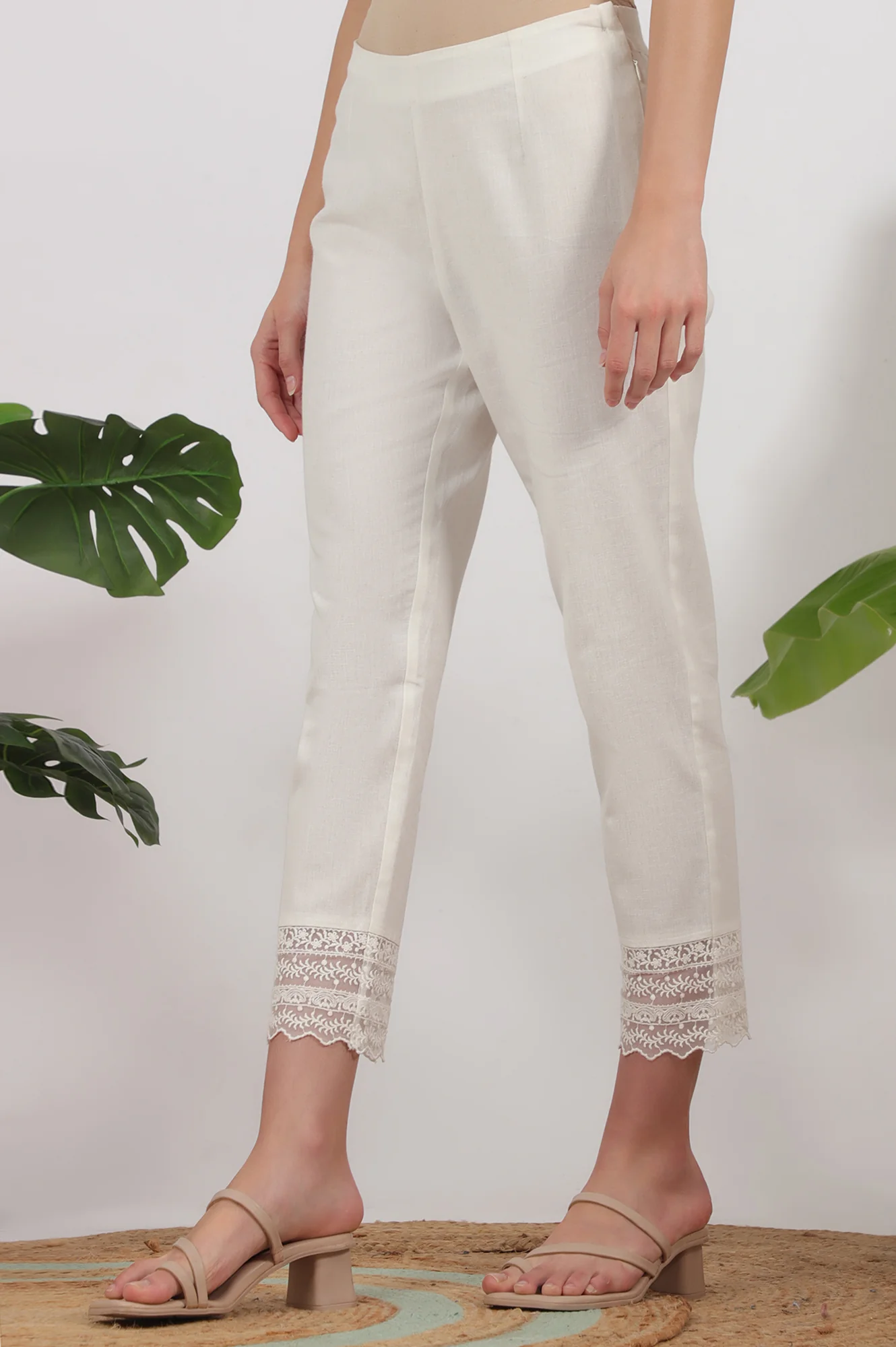 White Solid Cotton Flax Slim Pants with Lace - Image 3