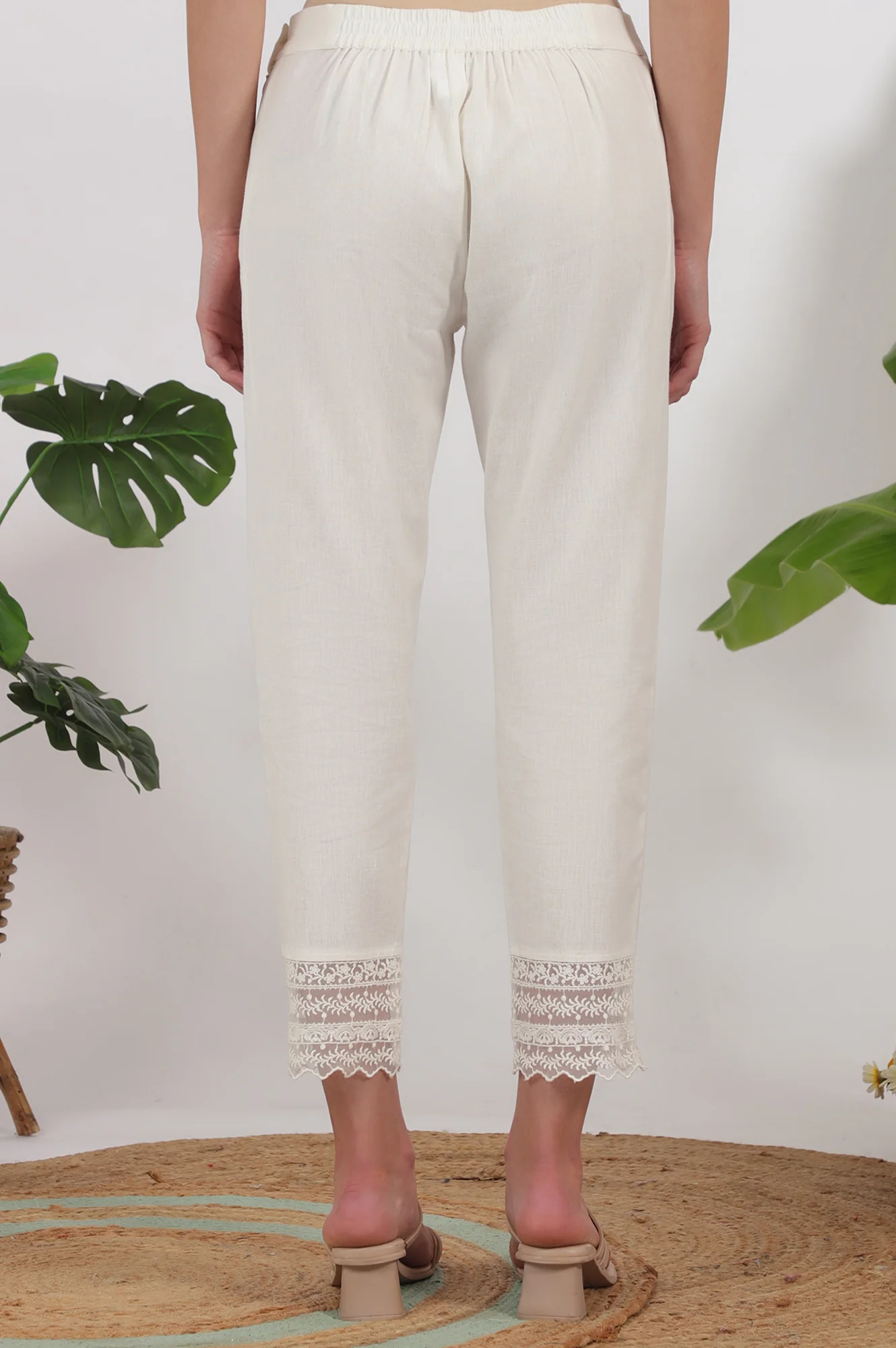 White Solid Cotton Flax Slim Pants with Lace - Image 4