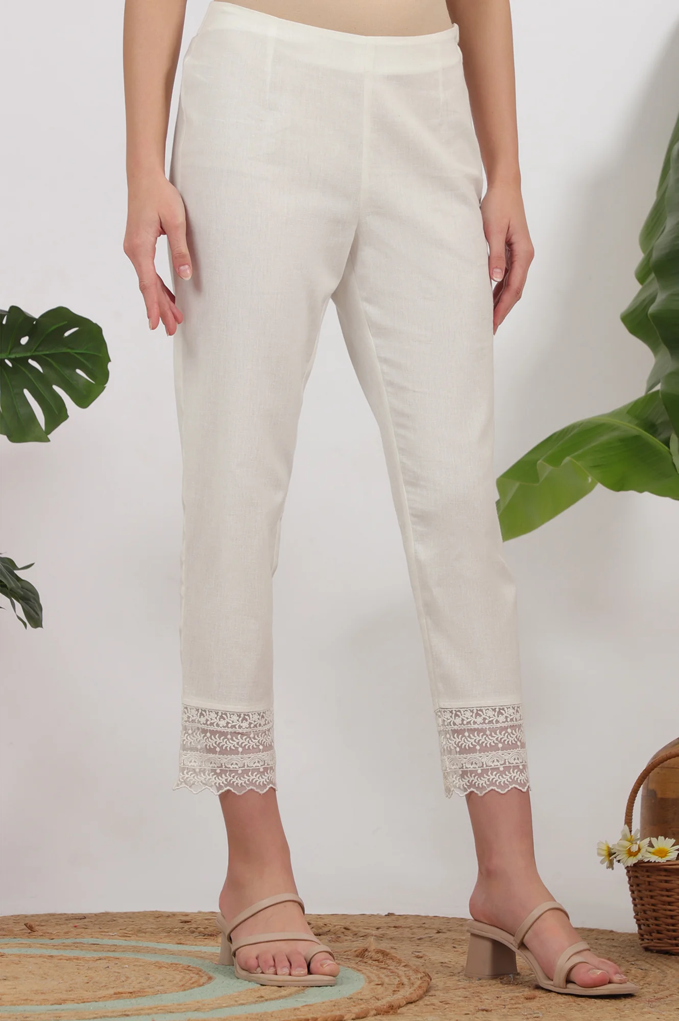White Solid Cotton Flax Slim Pants with Lace - Image 5
