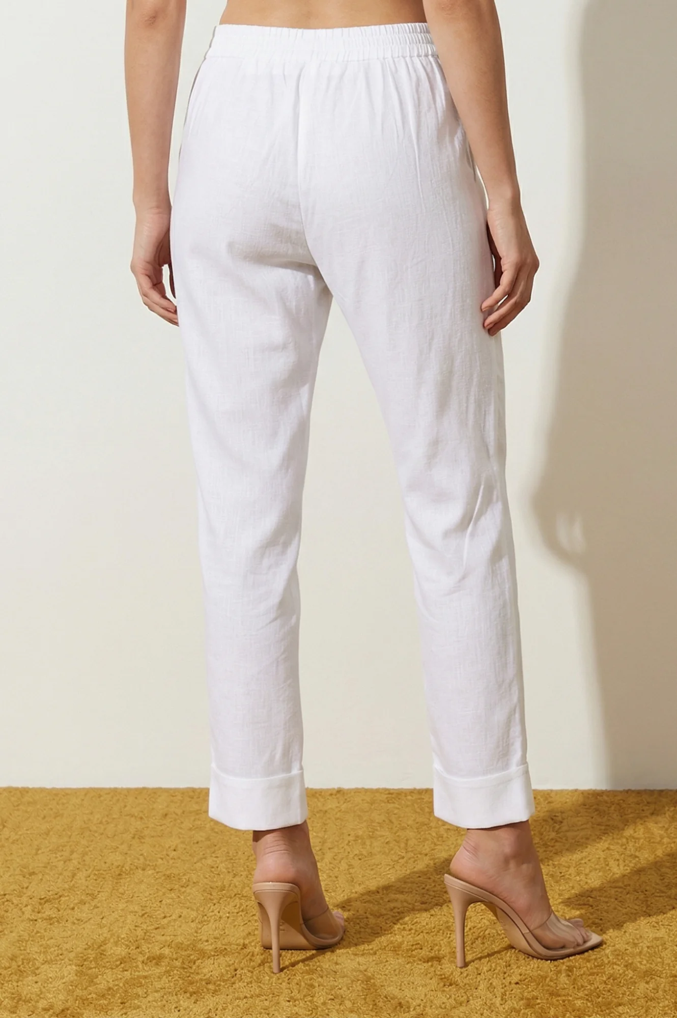 Elleven Women's White Solid Cotton Flax Straight Fit Ankle Length Trousers - Image 5