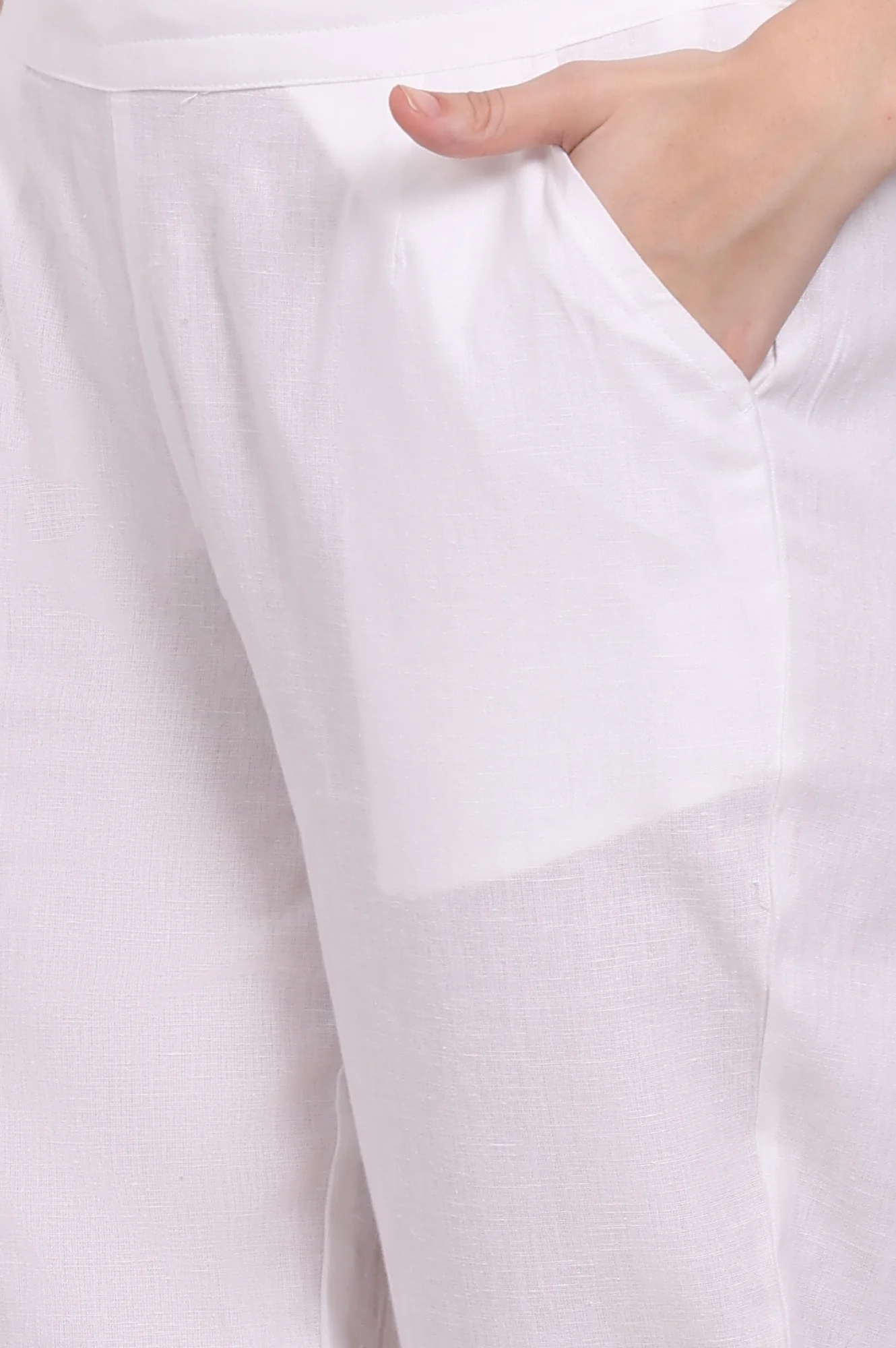 White Solid Cotton Flax Straight Pants in Mid-rise - Image 7