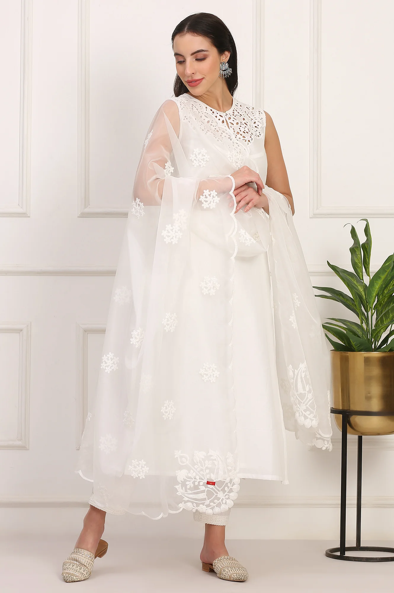 White Solid Embroidered Straight Pure Cotton Kurta, Straight Pant and Dupatta Set
