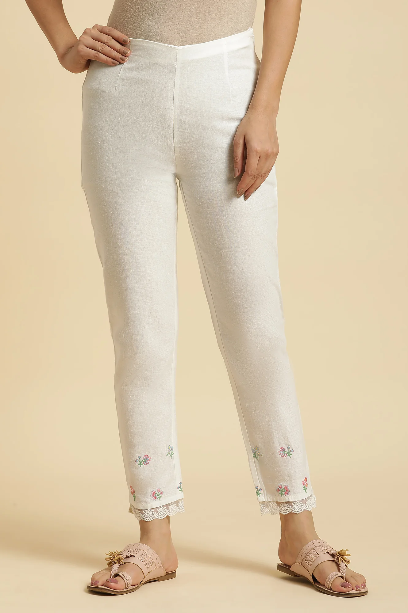 White Solid Floral Lace Trim Straight Cotton Slim Pant