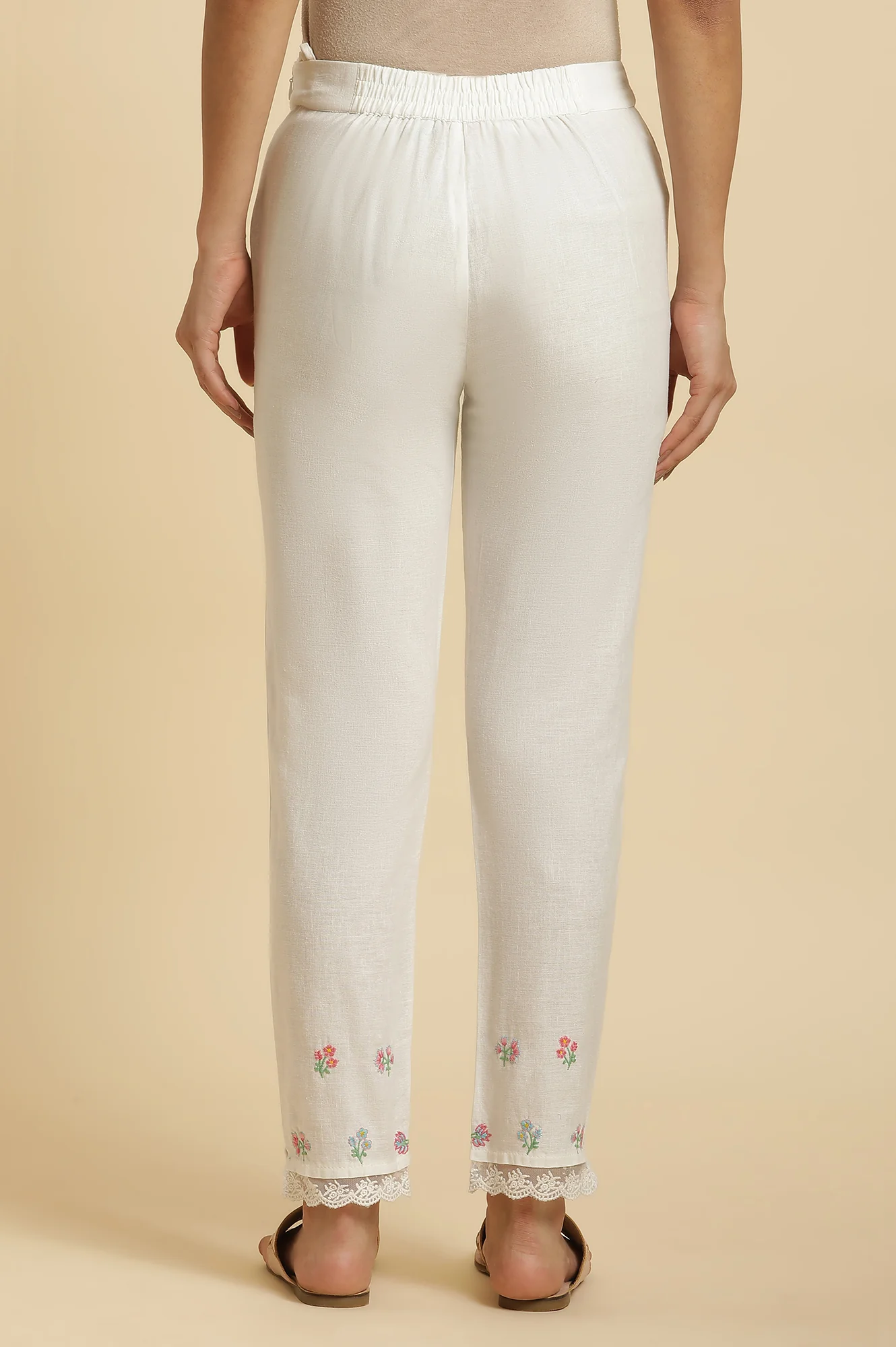 White Solid Floral Lace Trim Straight Cotton Slim Pant - Image 3