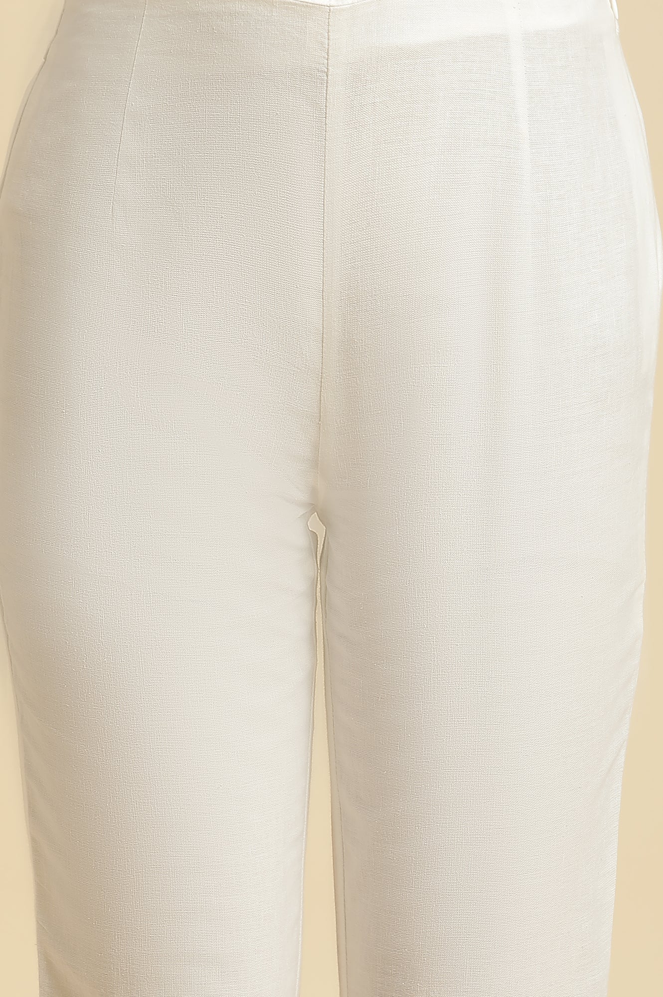 White Solid Floral Lace Trim Straight Cotton Slim Pant - Image 6