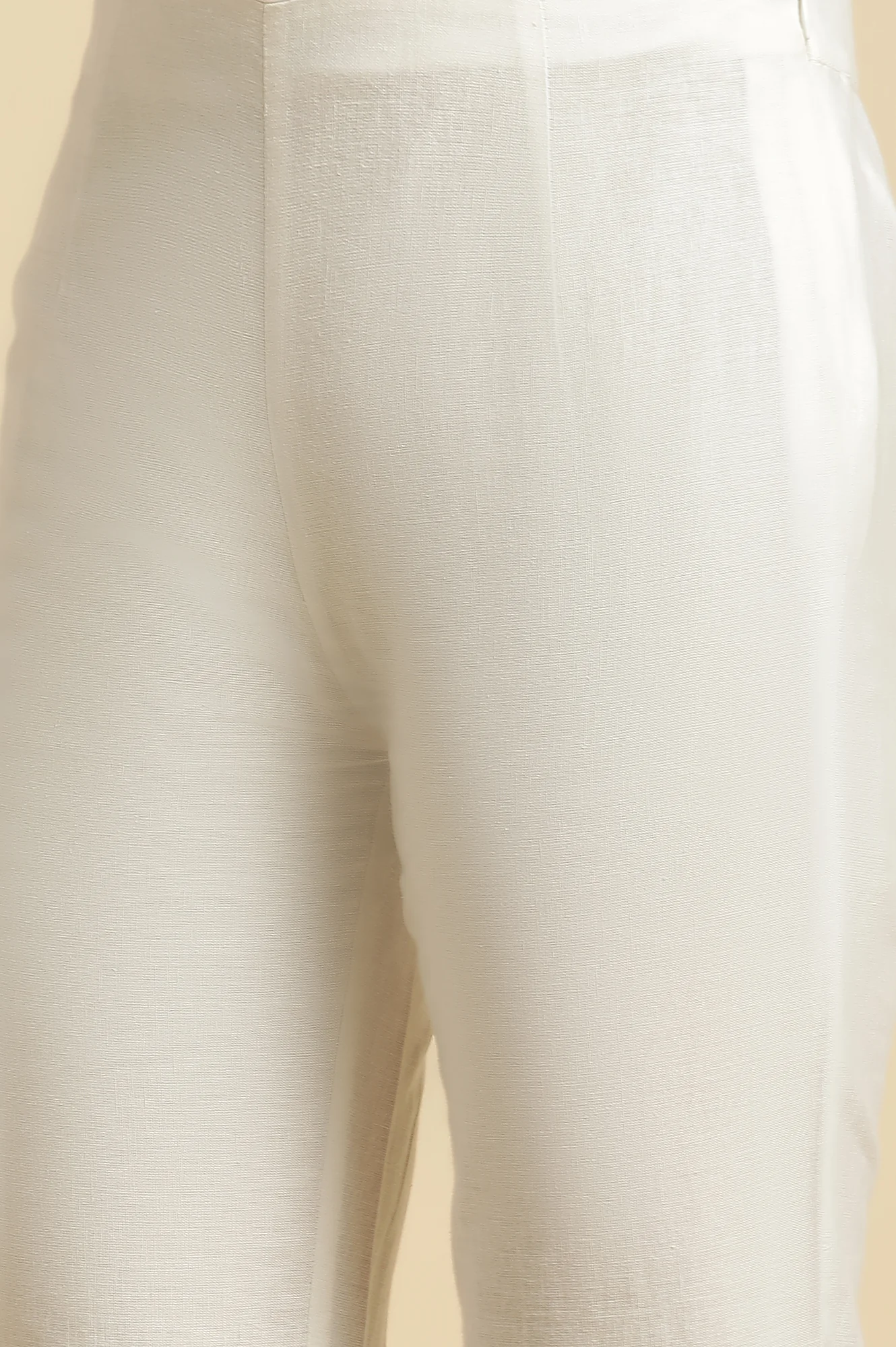 White Solid Floral Lace Trim Straight Cotton Slim Pant - Image 7