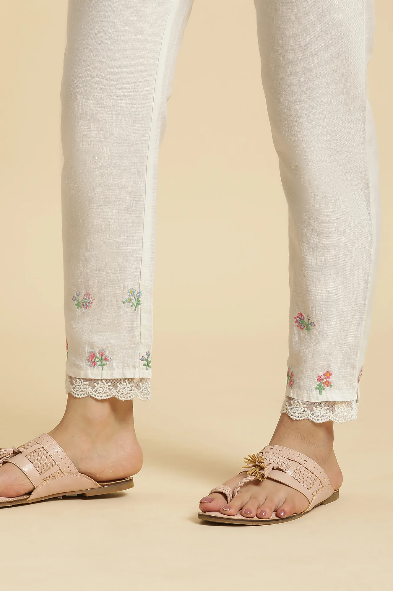 White Solid Floral Lace Trim Straight Cotton Slim Pant - Image 8