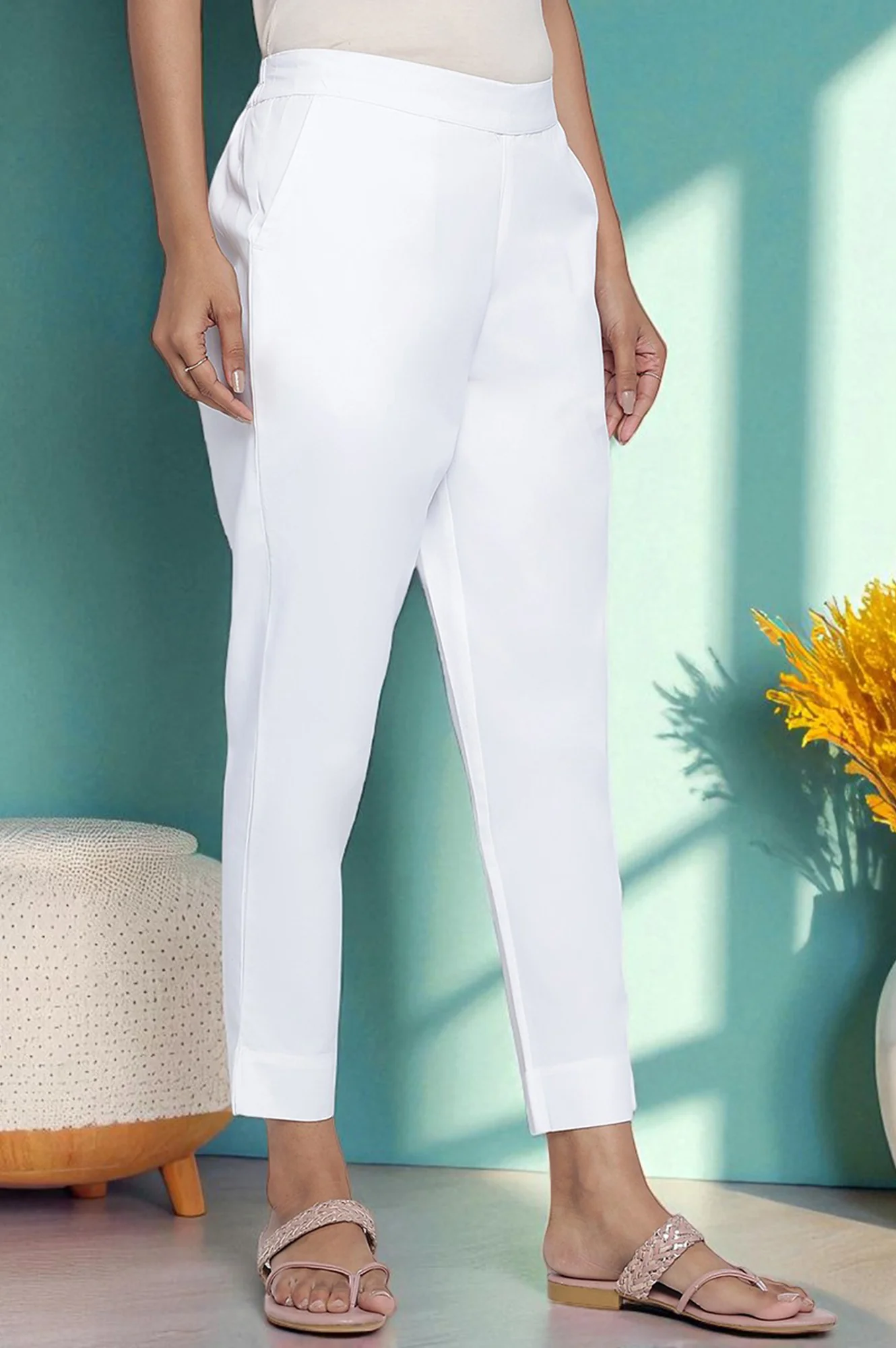 Elleven Women's White Solid Heavy Poplin Trousers in Ankle Length - Image 3