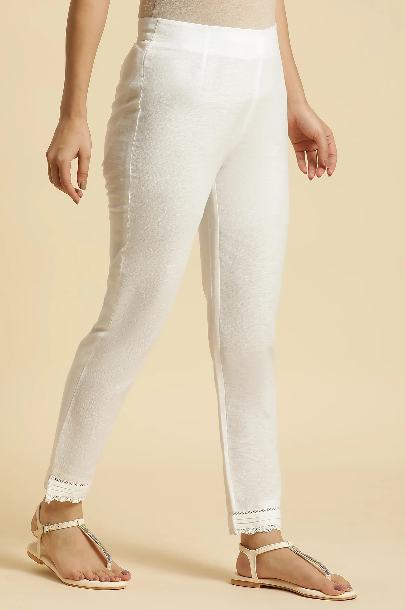 White Solid Lace Trim Straight Cotton Pant - Image 4