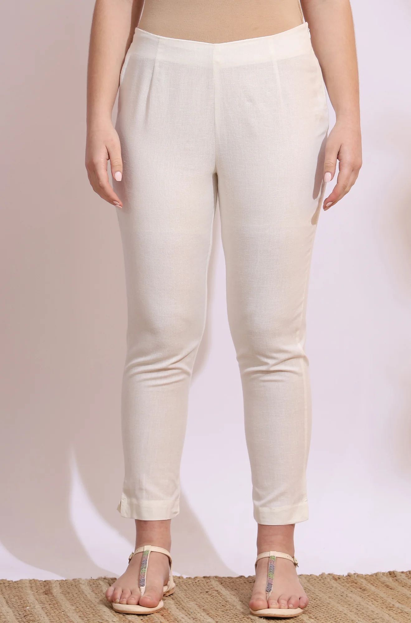 White Solid Mid-Rise Cotton Flax Slim Pants - Image 2