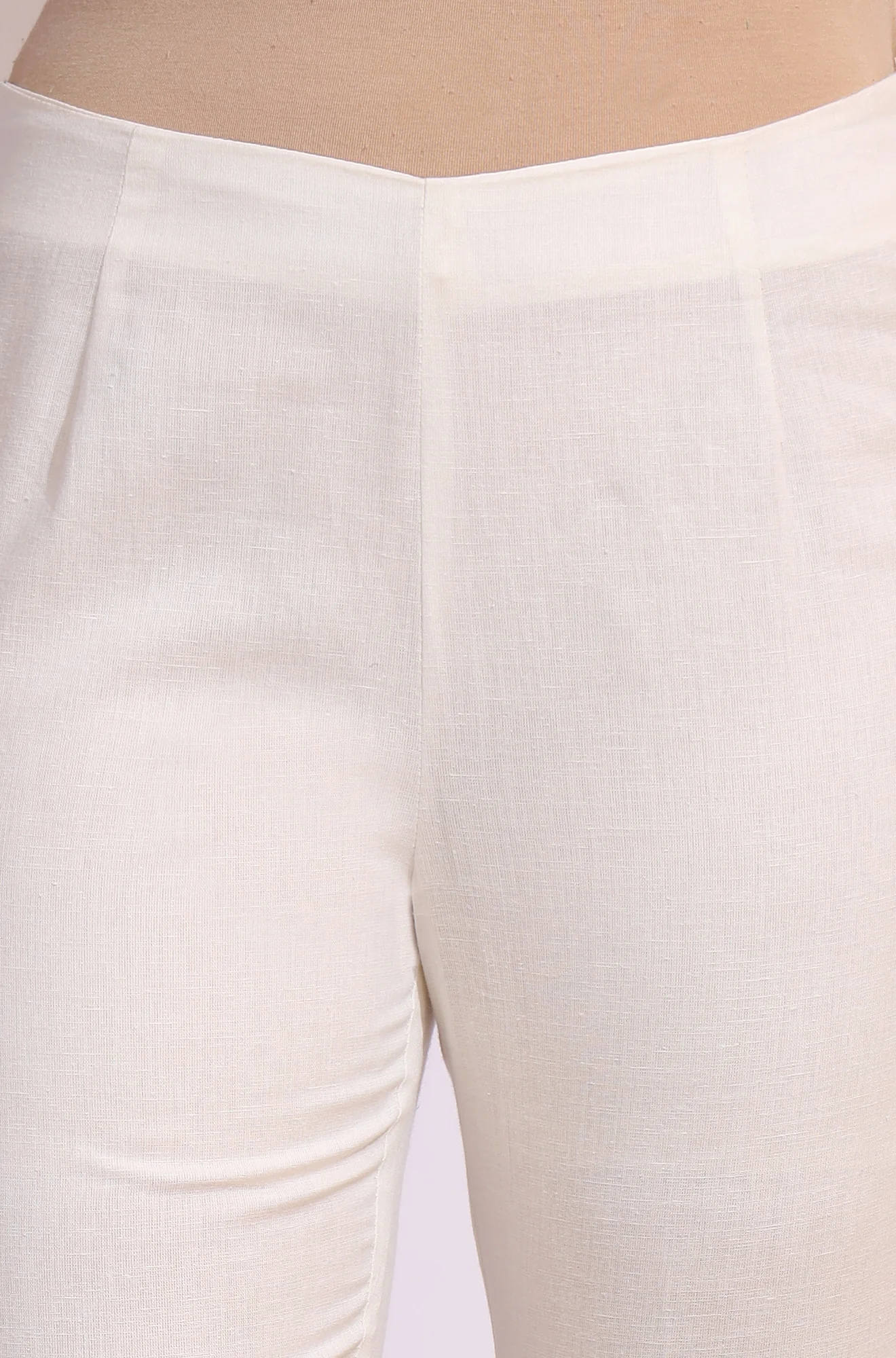 White Solid Mid-Rise Cotton Flax Slim Pants - Image 4
