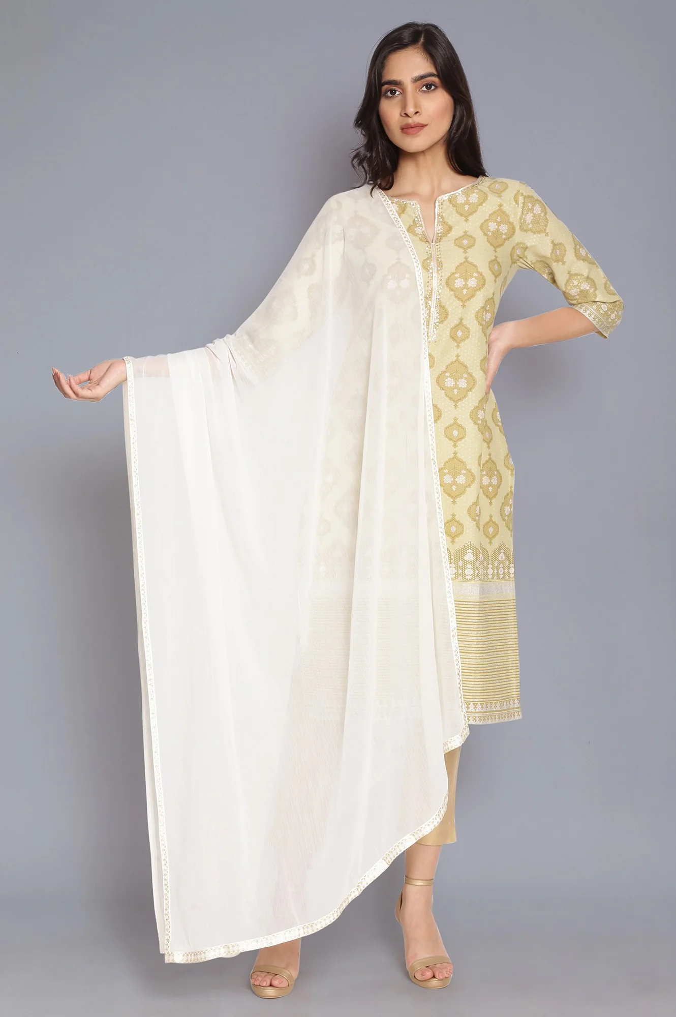 White Solid Printed Gold Border Chiffon Dupatta