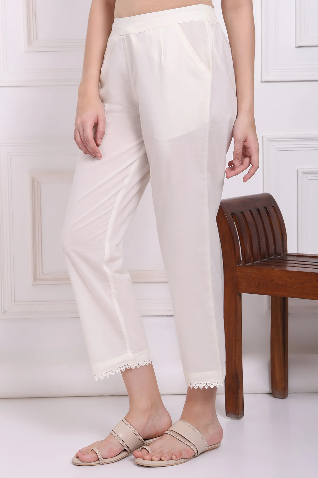 White Solid Pure Cotton Ankle Length Straight Pants with Lace - Image 2