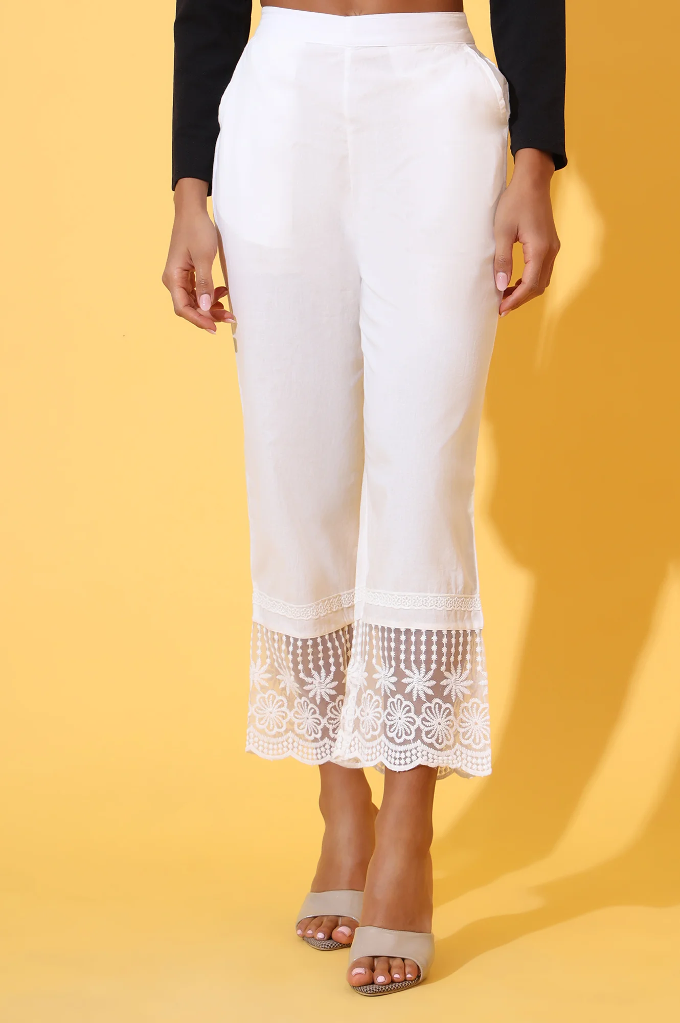 Elleven Women's White Solid Pure Cotton Schiffli Embroidered Palazzo Pants - Image 2