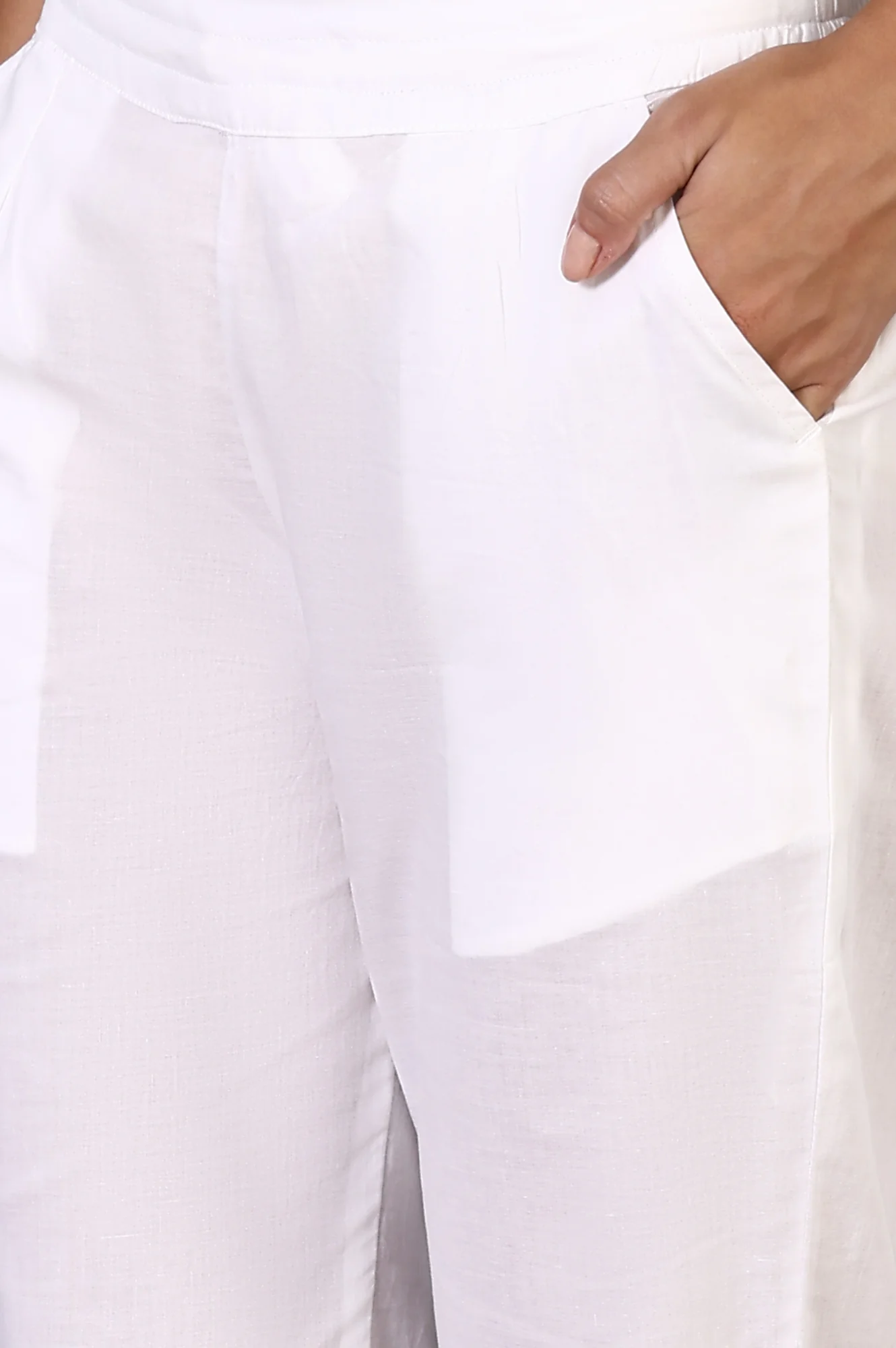 White Solid Pure Cotton Slim Pants with Lace - Image 7