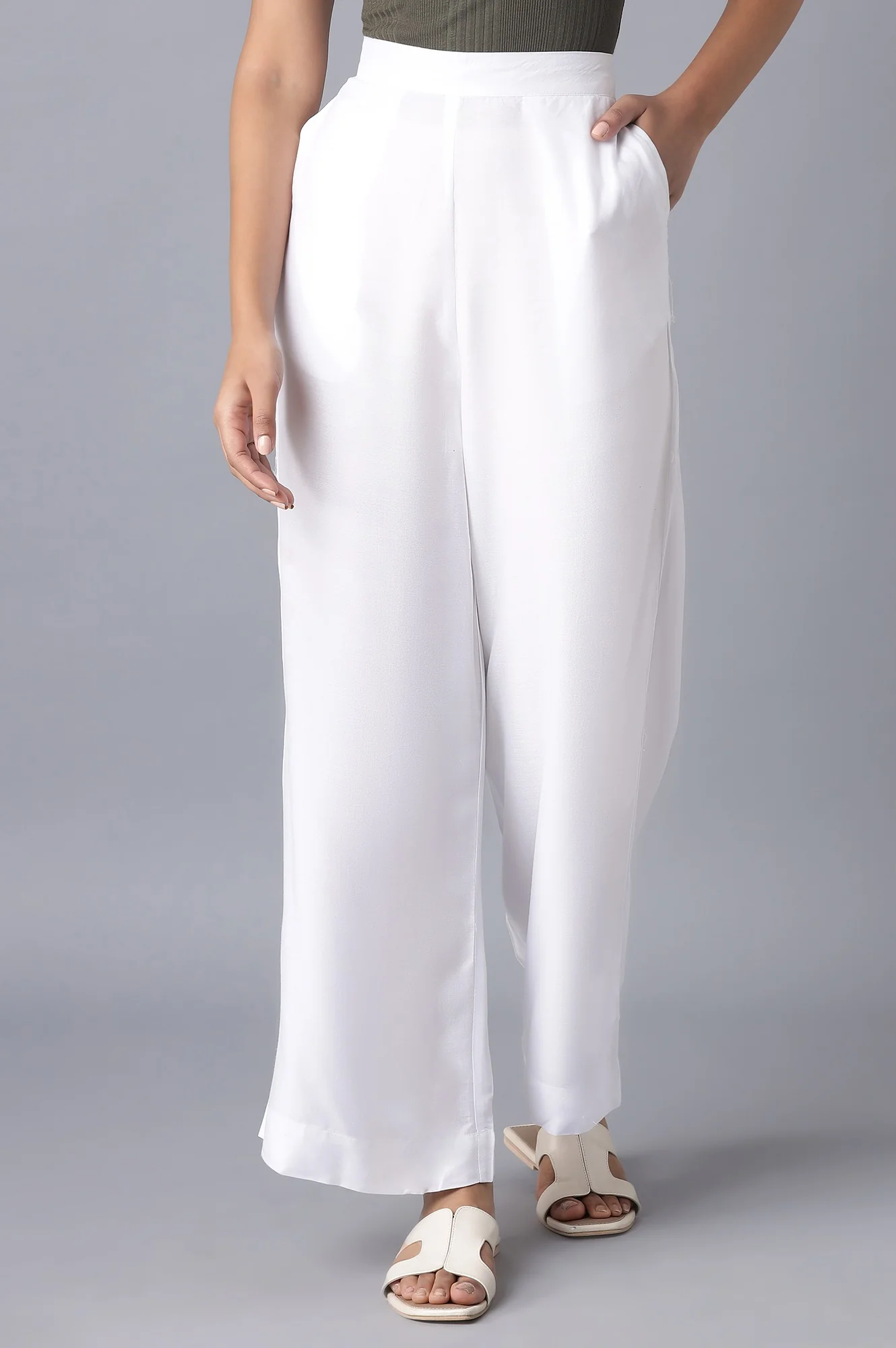 Elleven Women's White Solid Relaxed Fit Ankle Length High Rise Palazzo