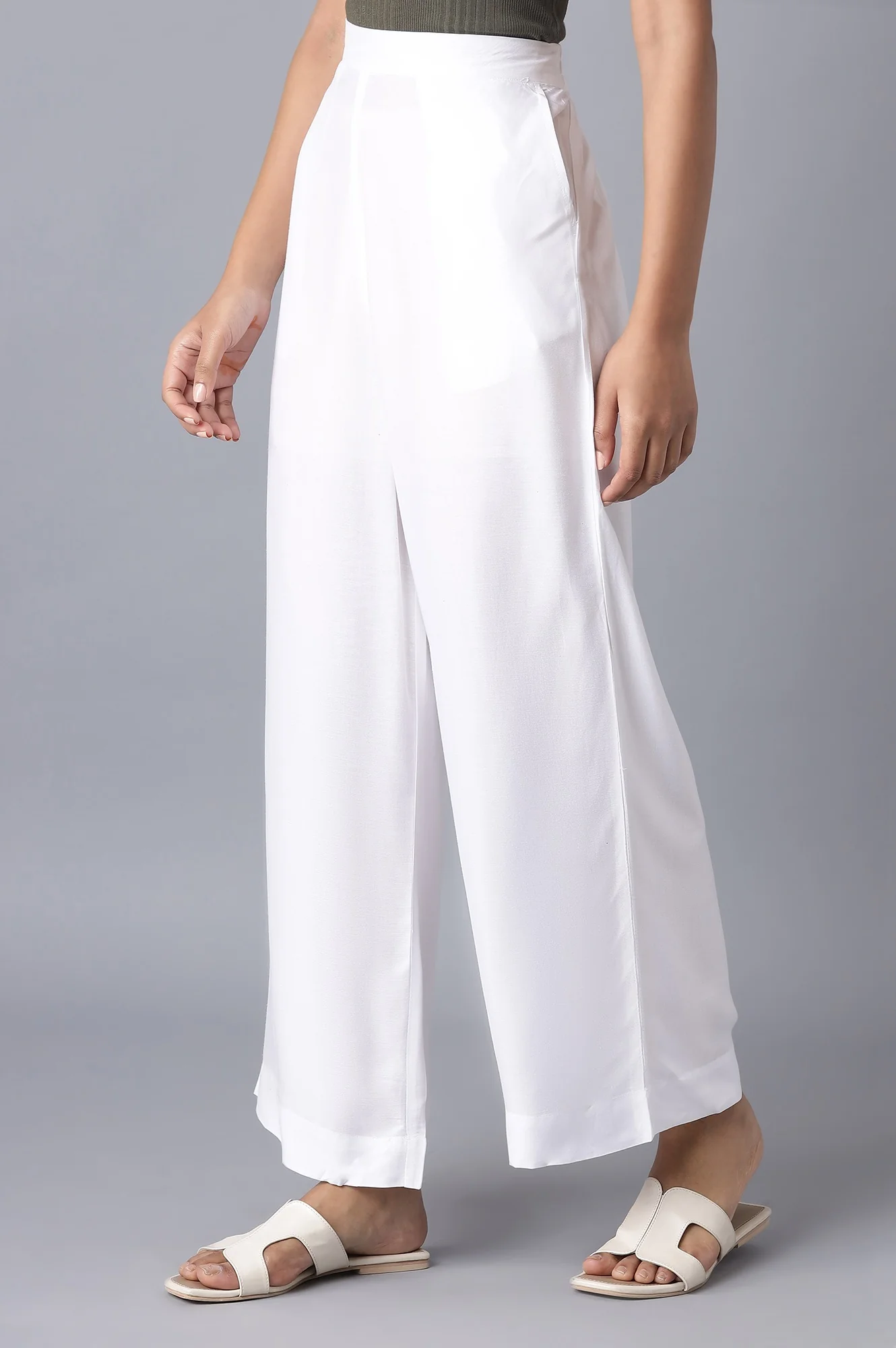 Elleven Women's White Solid Relaxed Fit Ankle Length High Rise Palazzo - Image 3