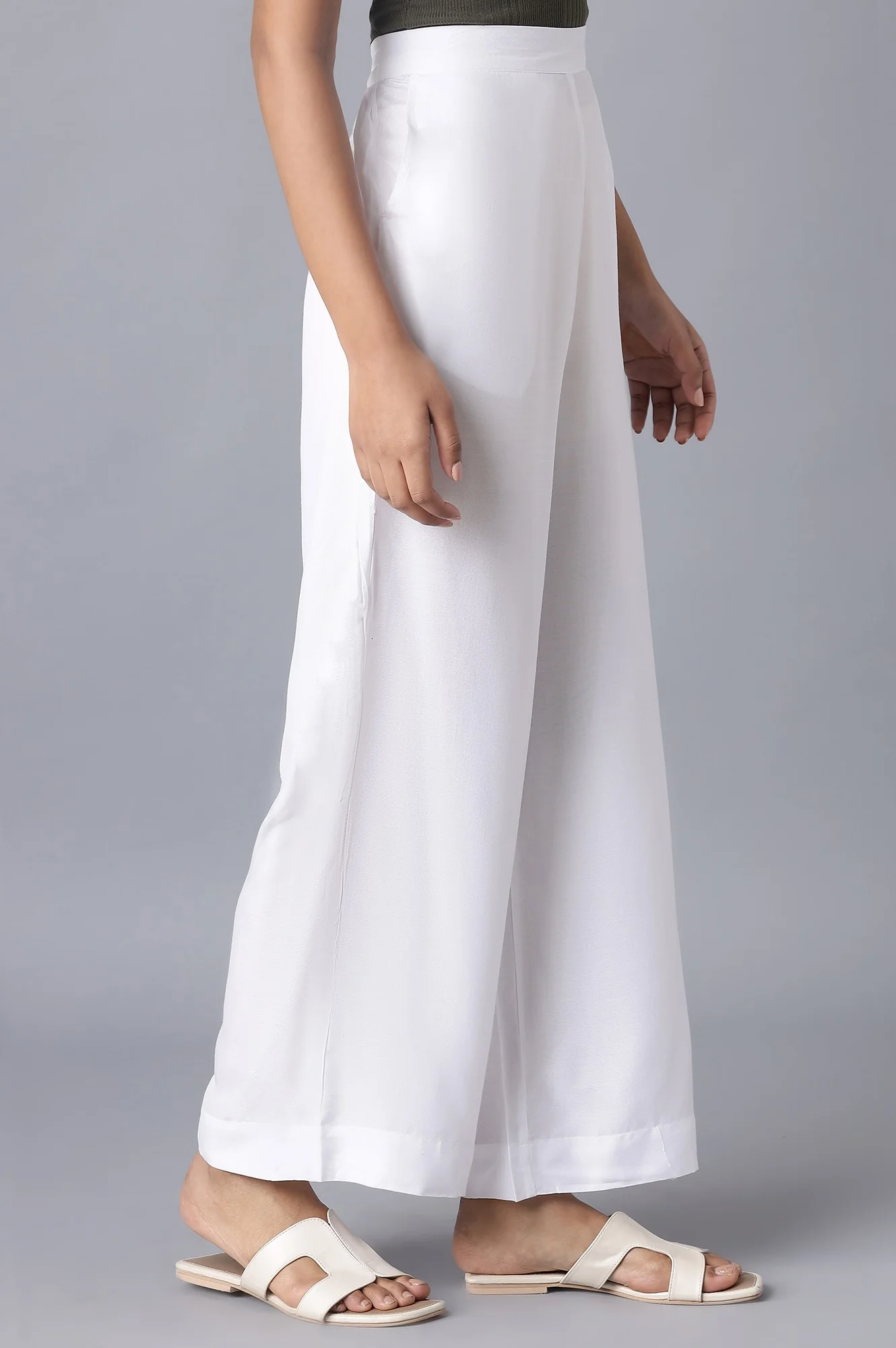 Elleven Women's White Solid Relaxed Fit Ankle Length High Rise Palazzo - Image 4