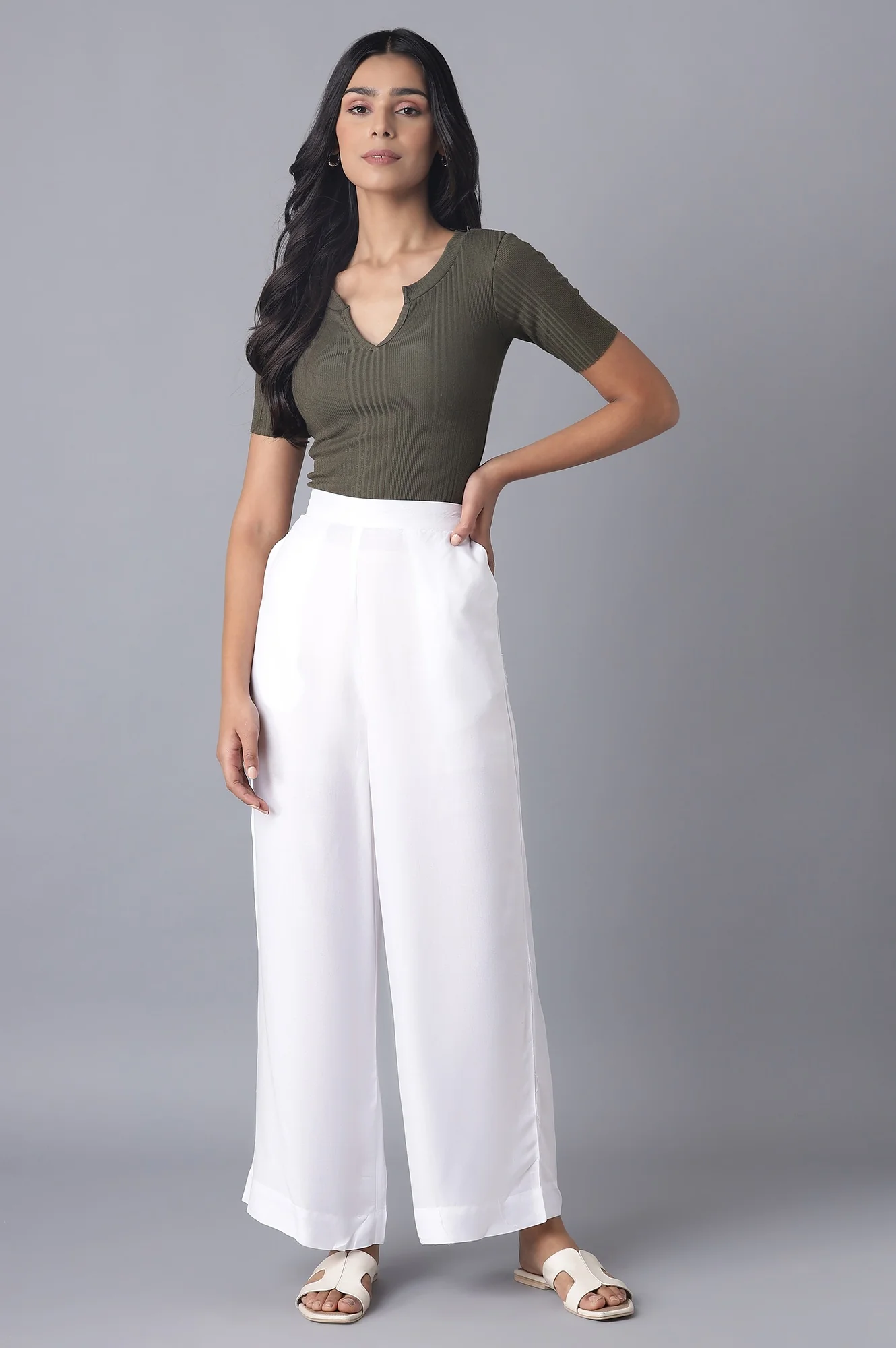 Elleven Women's White Solid Relaxed Fit Ankle Length High Rise Palazzo - Image 5
