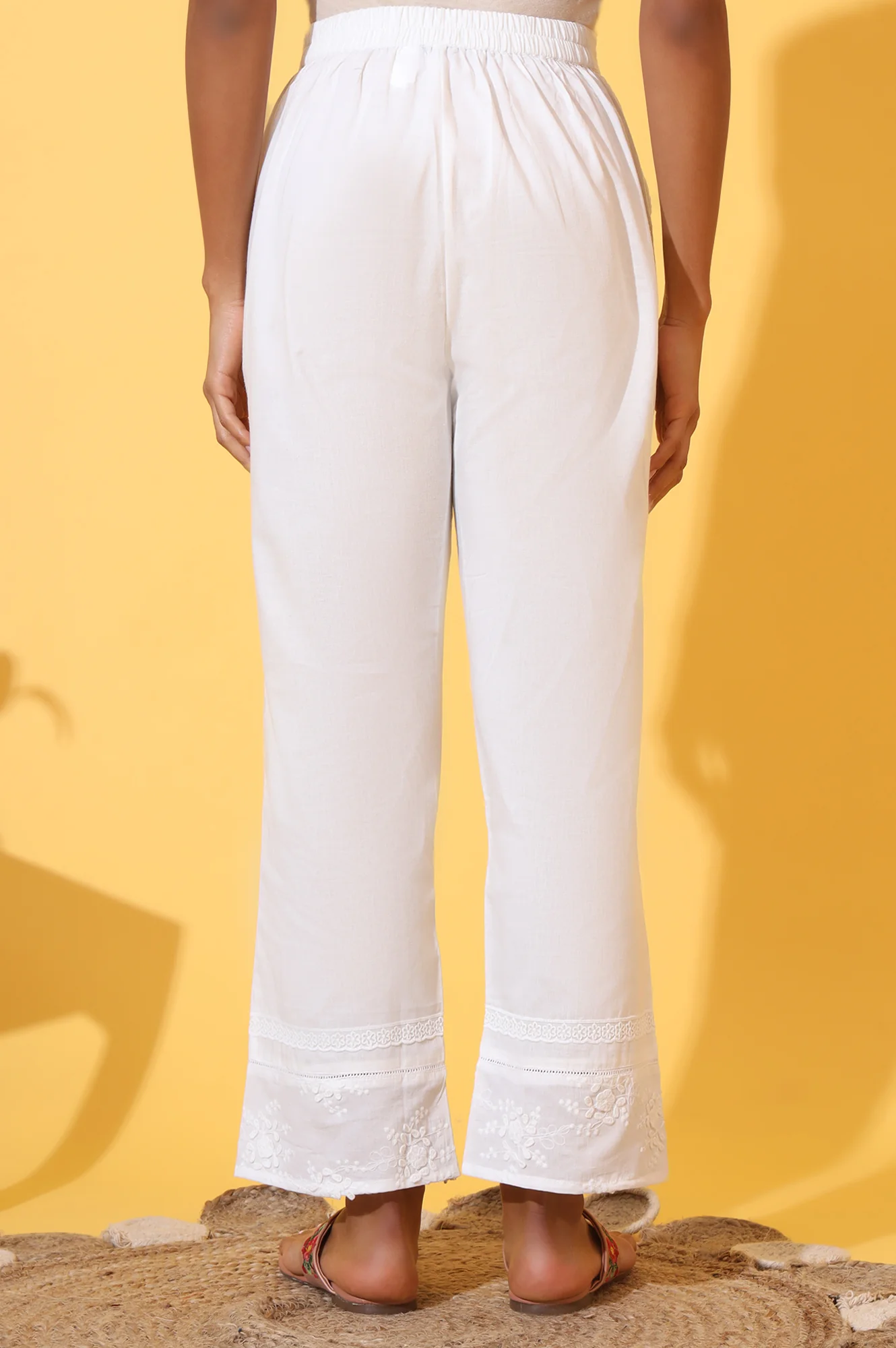Elleven Women's White Solid Schiffli Embroidered Pure Cotton Palazzo Pants - Image 4