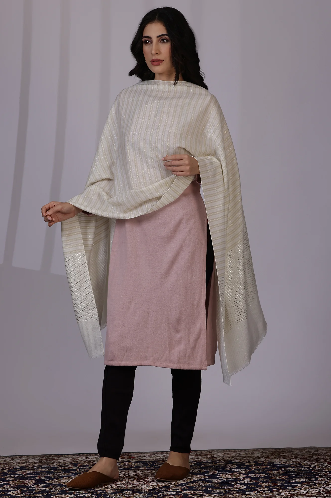 White Solid Sequins Acrylic Shawls & Stole - Image 2