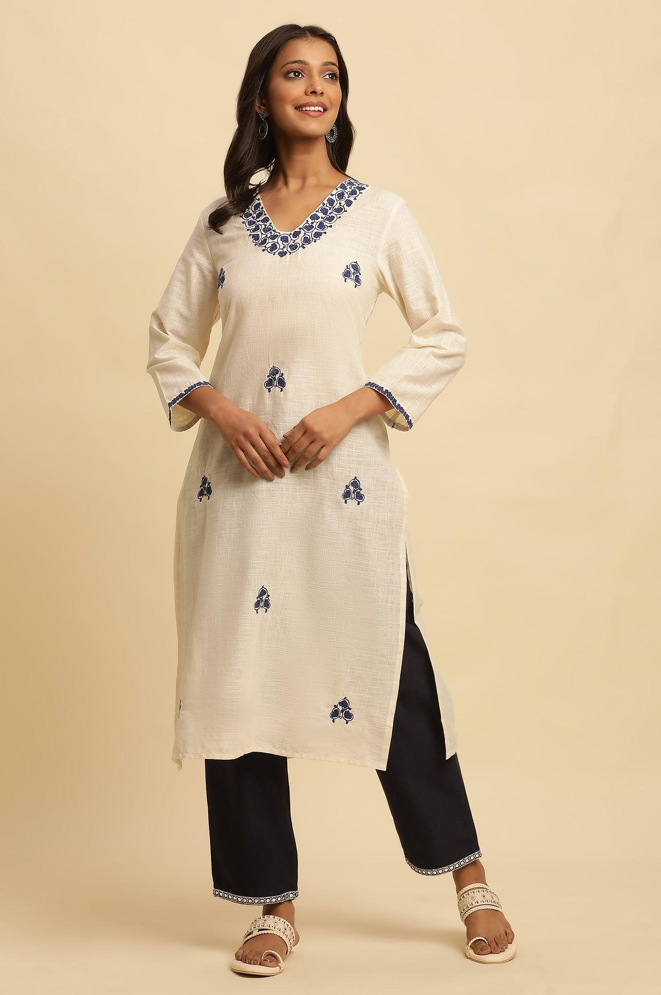 White Straight Kurta With Blue Embroidery - Image 2