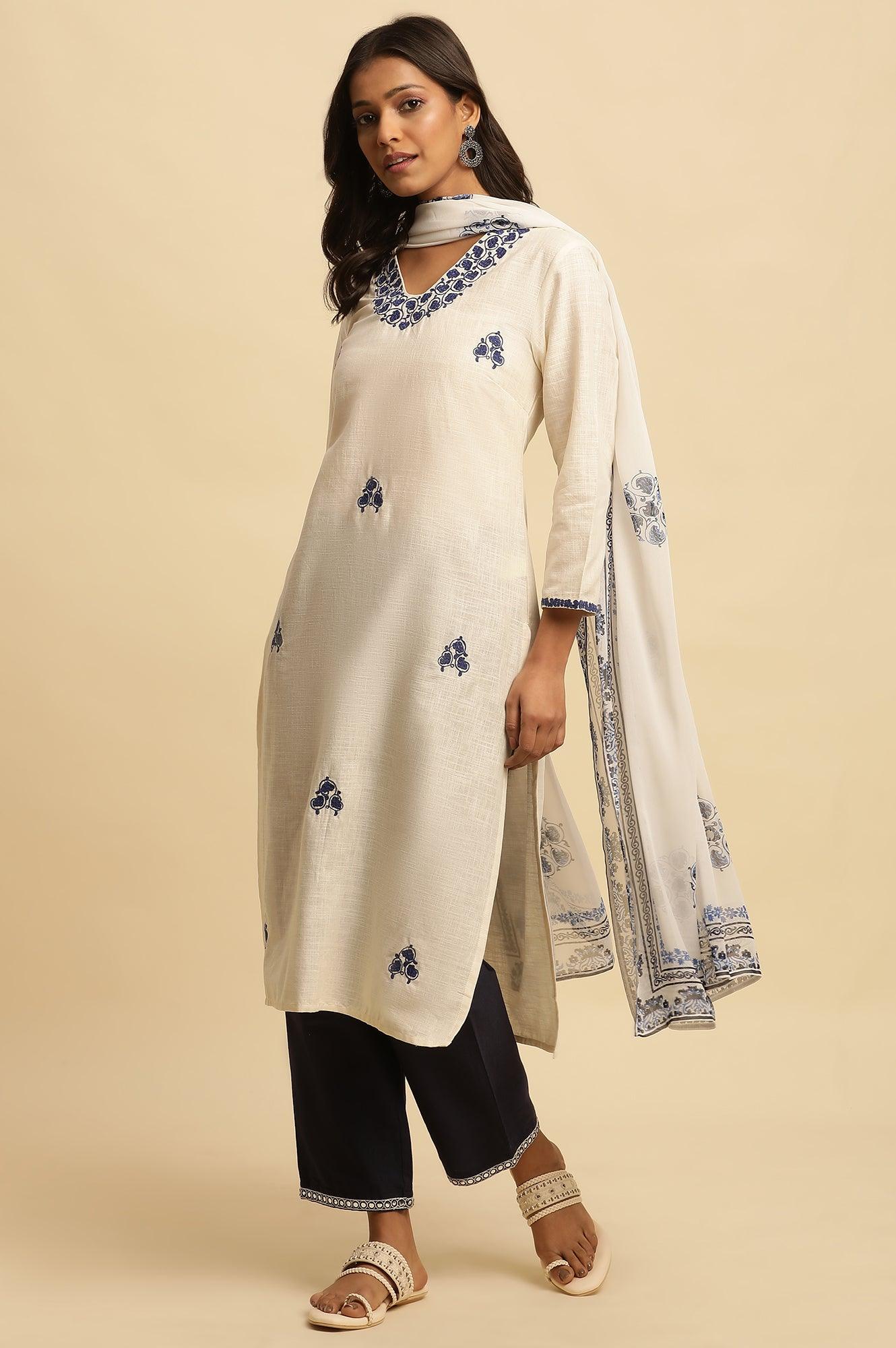 White Straight Kurta With Blue Embroidery - Image 6
