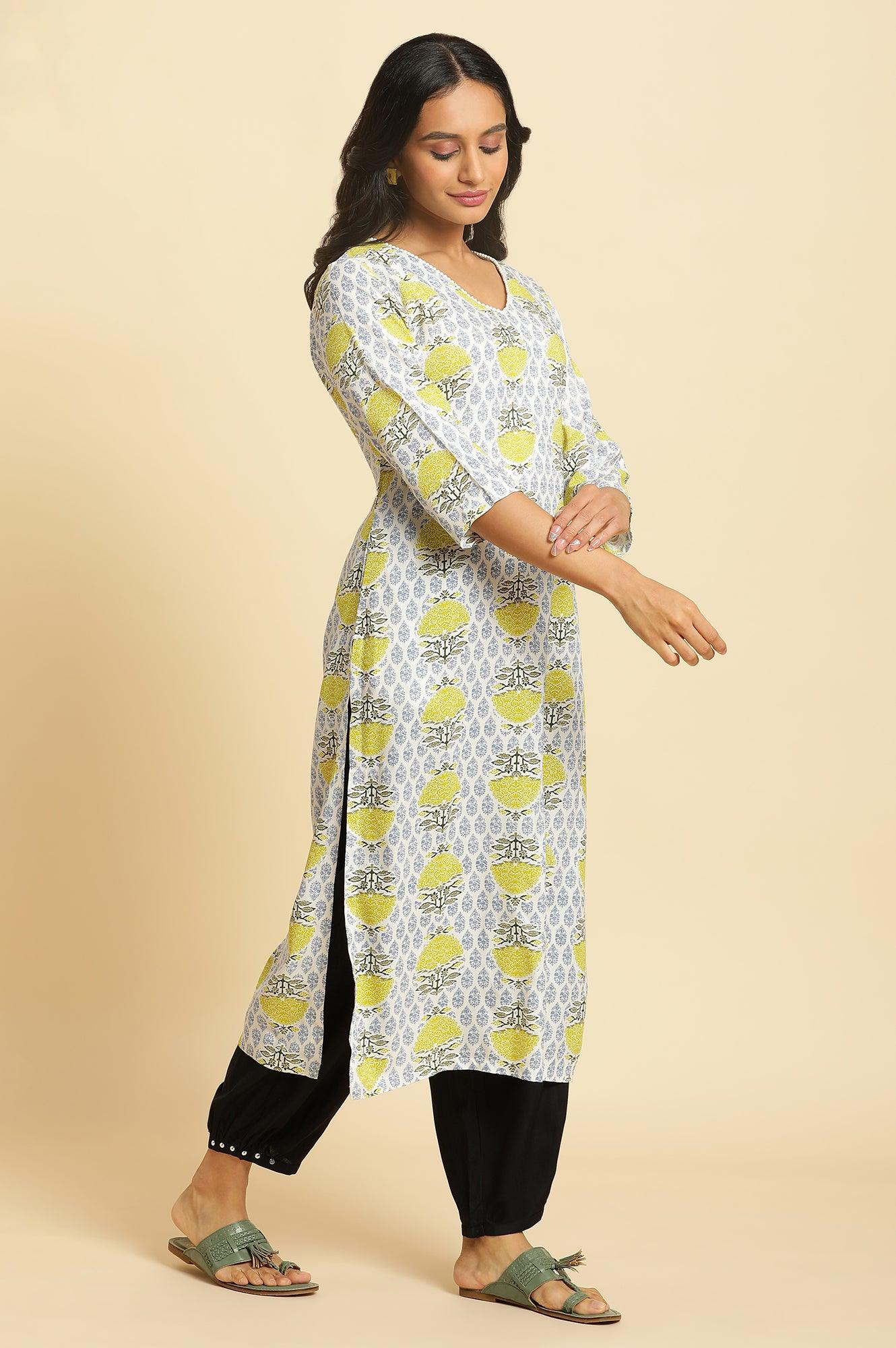 White Straight Kurta With Green & Blue Prints - Image 4