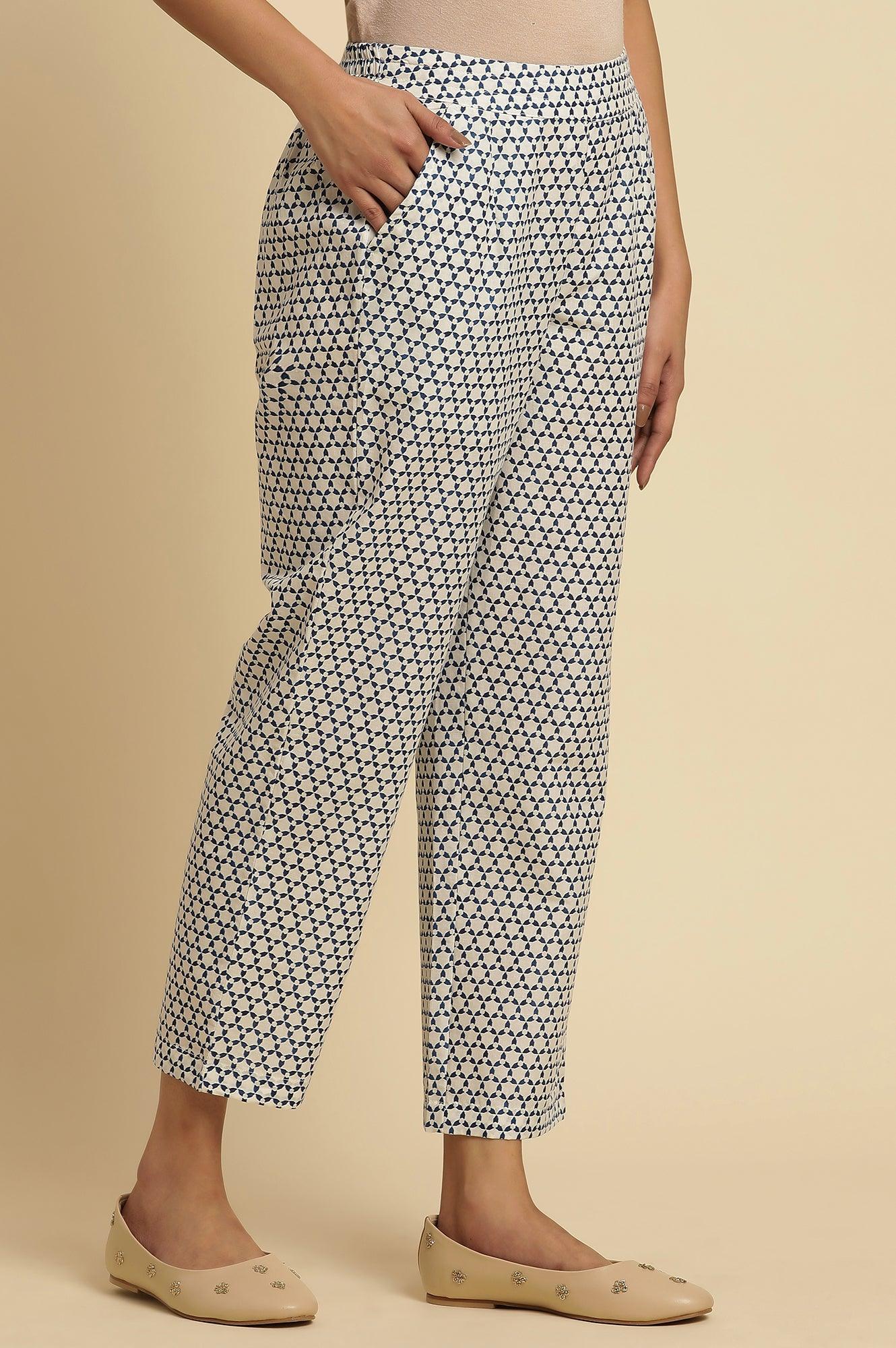 White Straight Pants With Blue Triangle Print - Image 4
