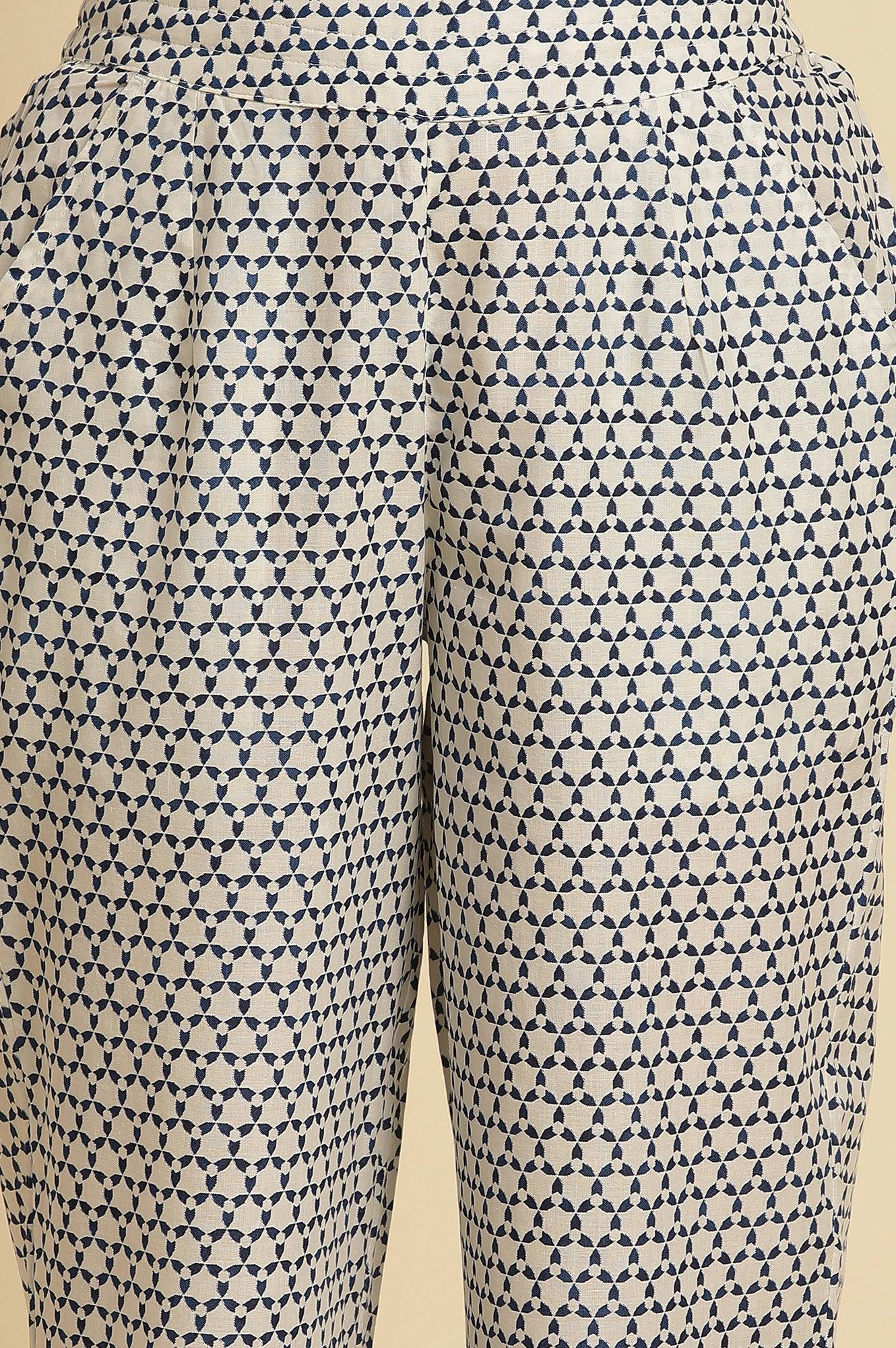 White Straight Pants With Blue Triangle Print - Image 6