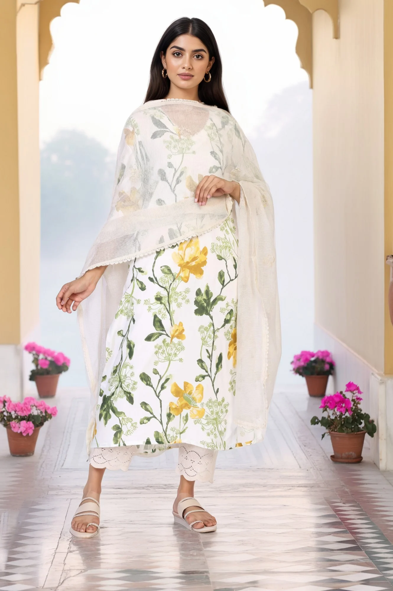White Striped Floral Print Lace Detailing Nylon Dupatta