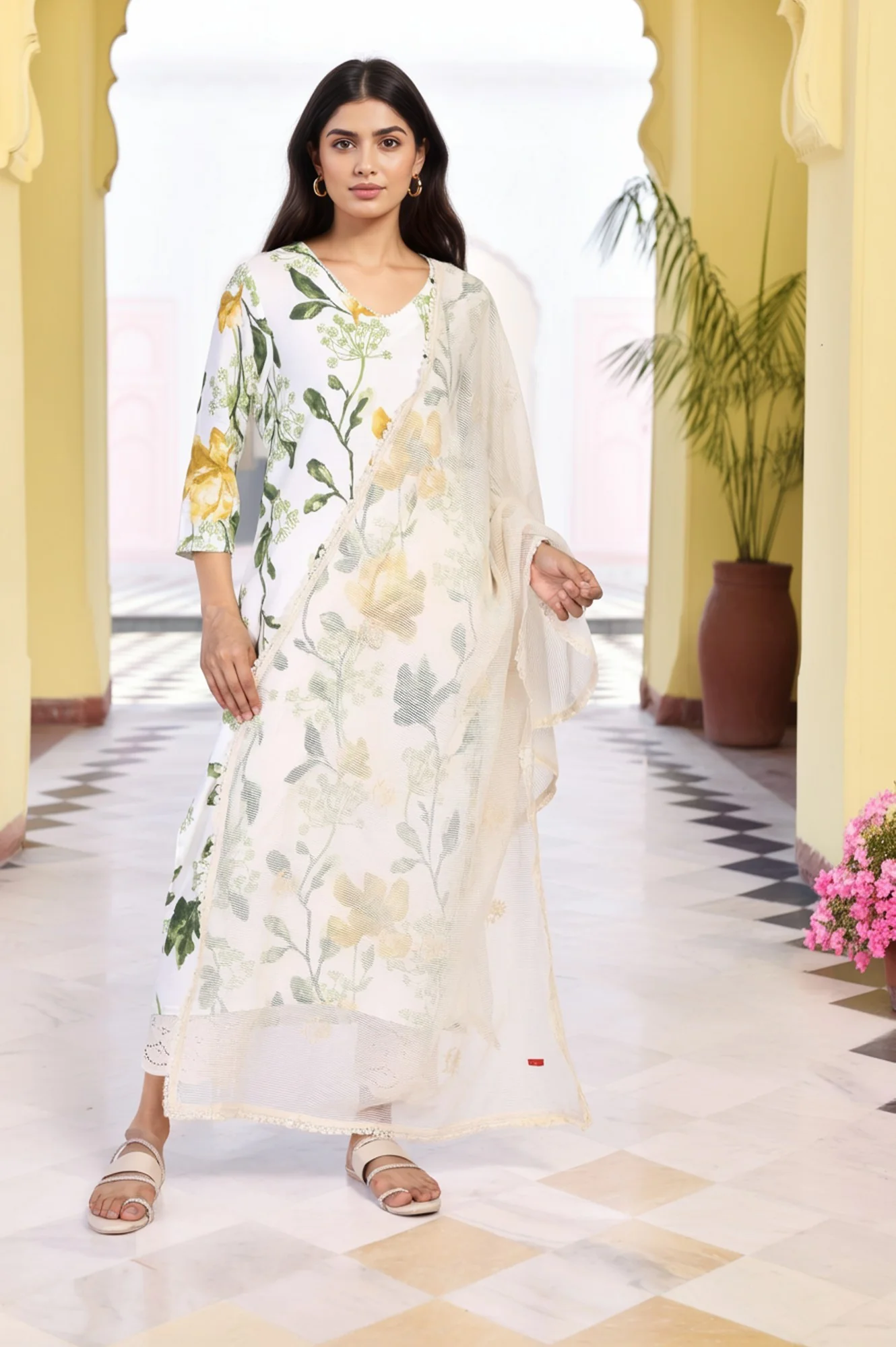 White Striped Floral Print Lace Detailing Nylon Dupatta - Image 2