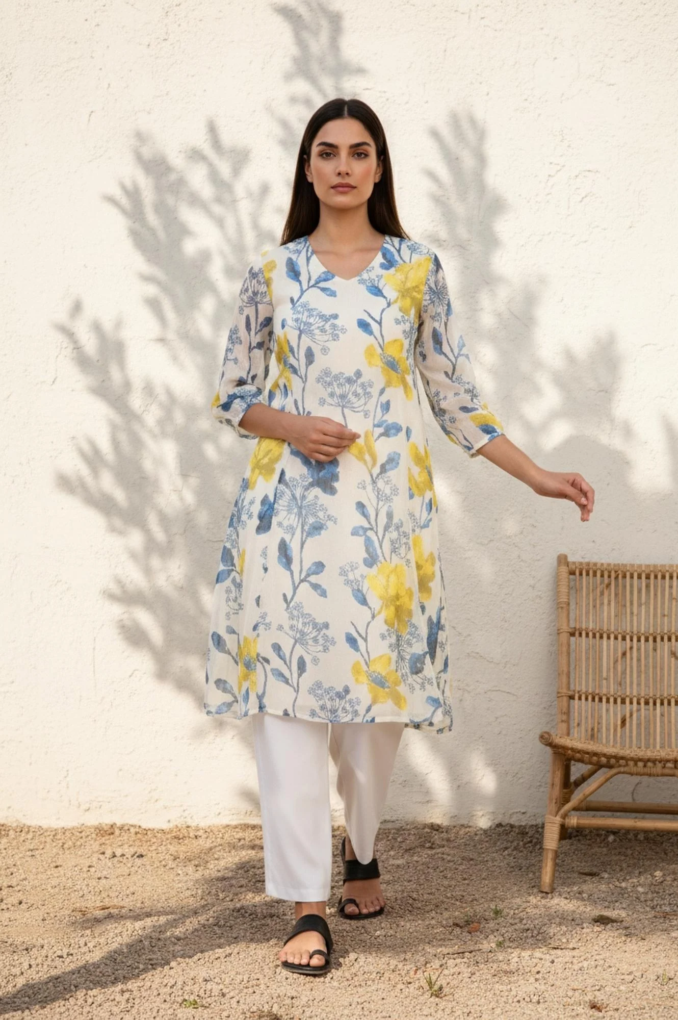 White Striped Lace Detail Straight Woven Dupatta - Image 2