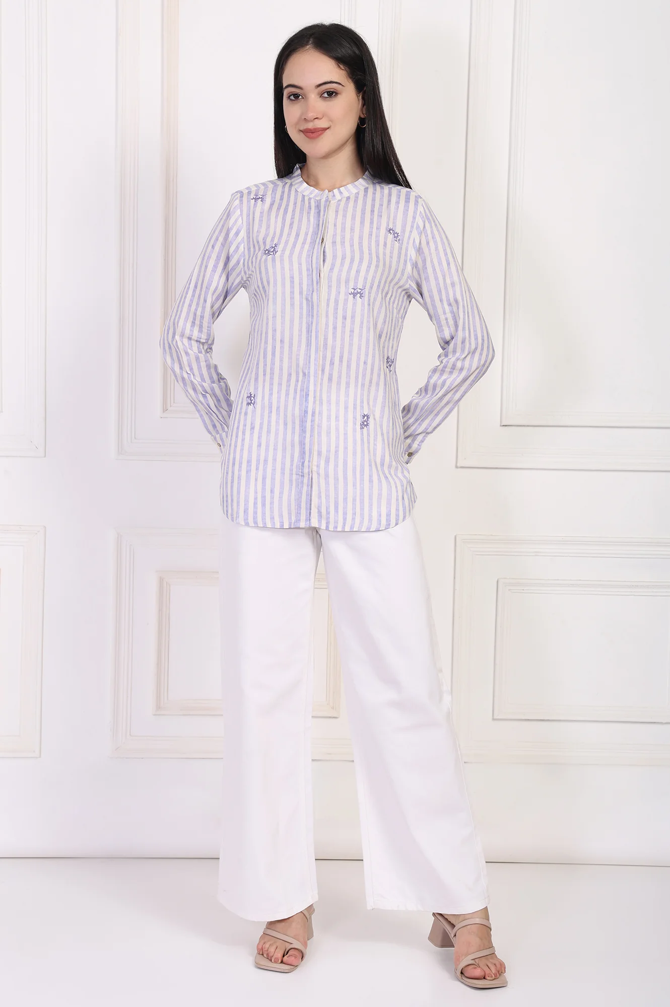 White Striped Printed Thread Embroidered Straight Top - Image 2