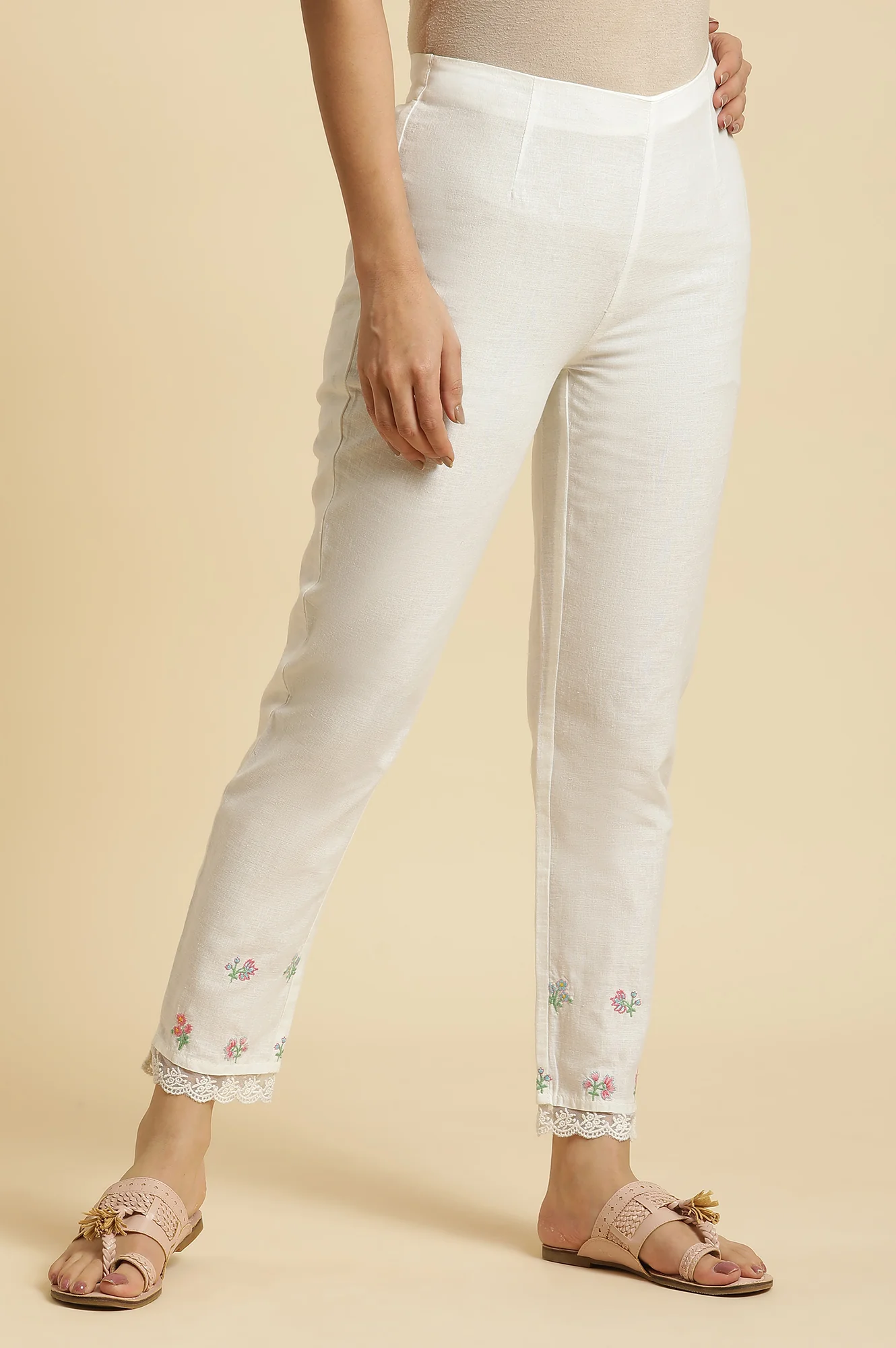 White Striped Schiffli Rayon Dobby Straight Kurta and Slim Pant Set - Image 4