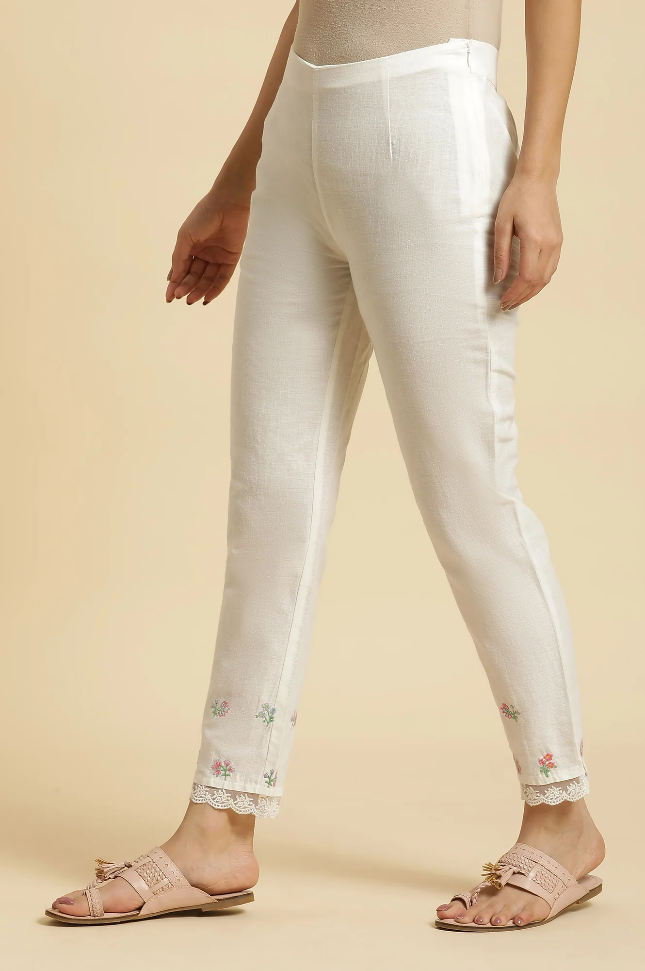 White Striped Schiffli Rayon Dobby Straight Kurta and Slim Pant Set - Image 6