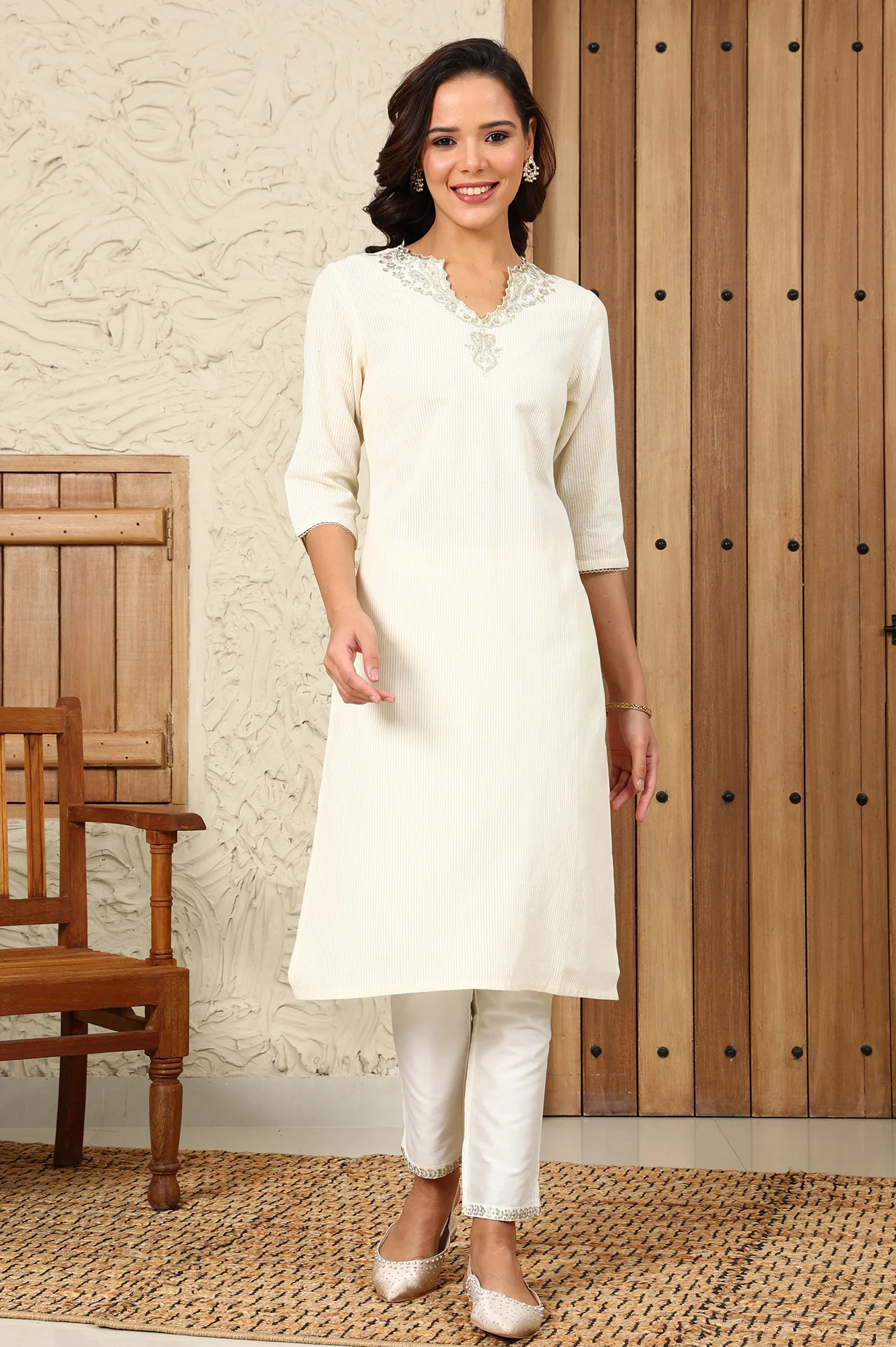 White Striped Yarn-Dyed Embroidered Straight Cotton Kurta - Image 2