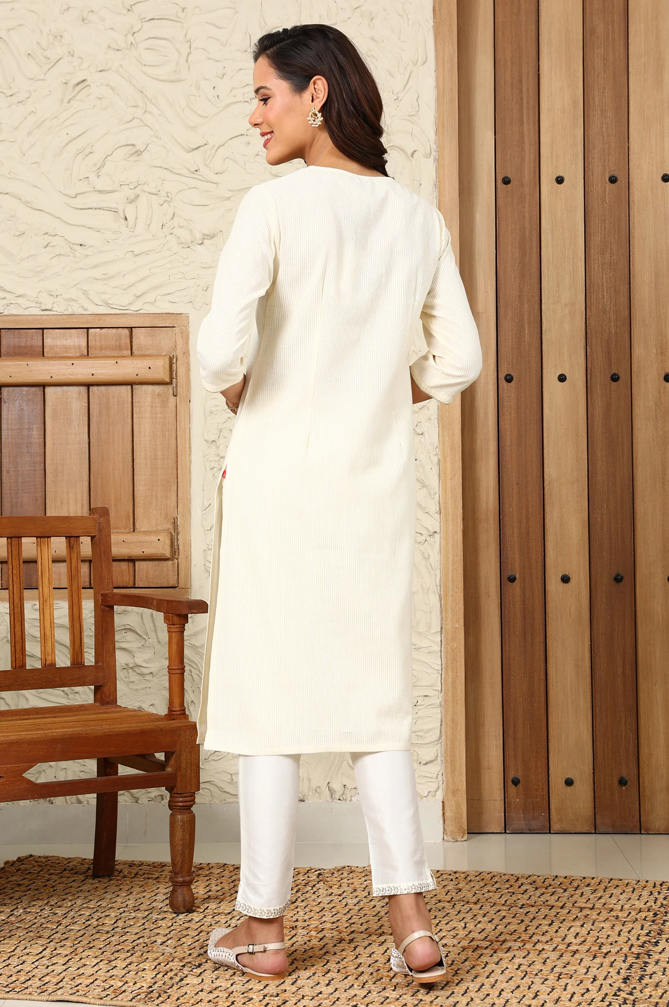 White Striped Yarn-Dyed Embroidered Straight Cotton Kurta - Image 5